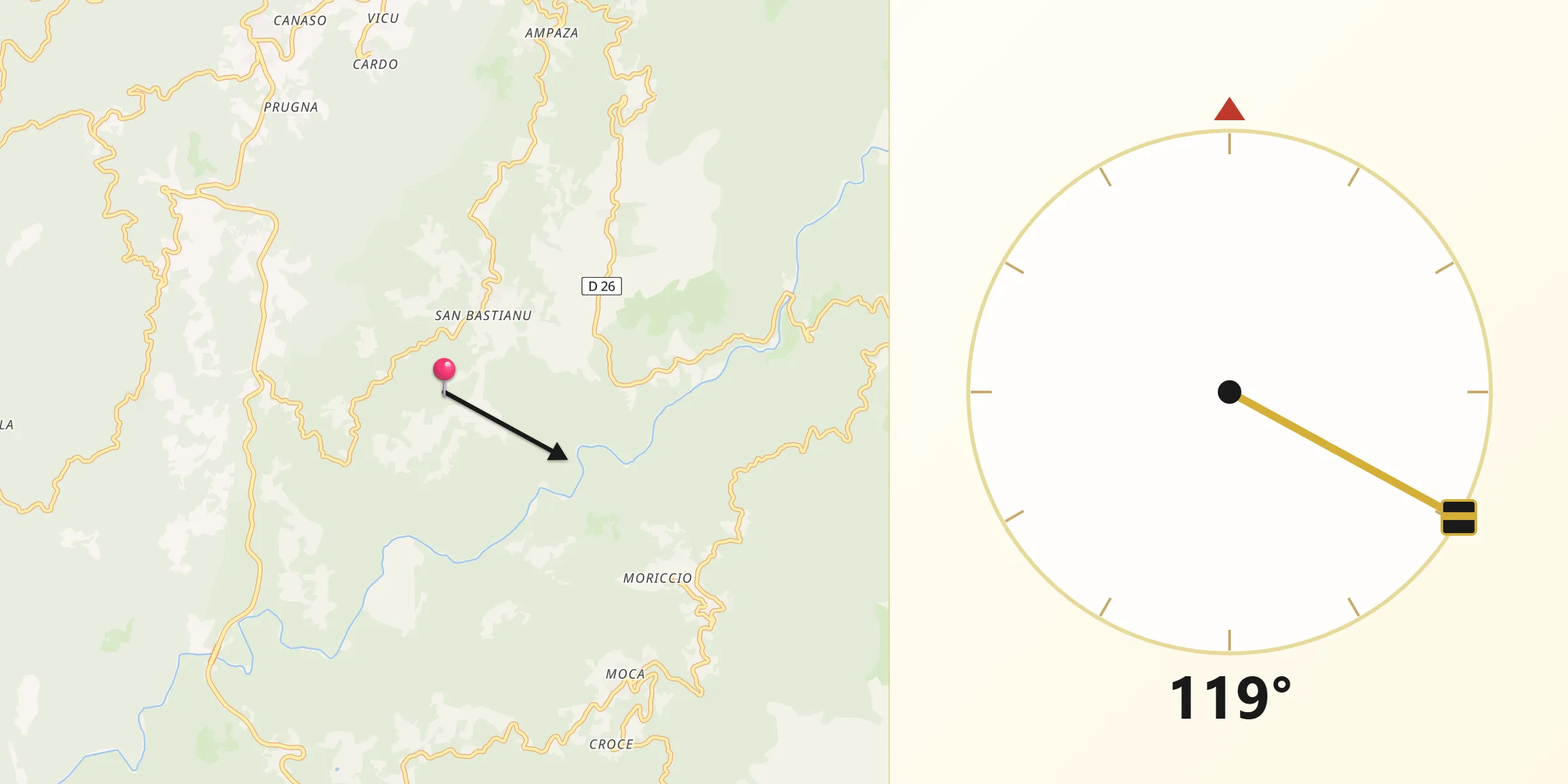 Direction vers la Qibla depuis Olivese