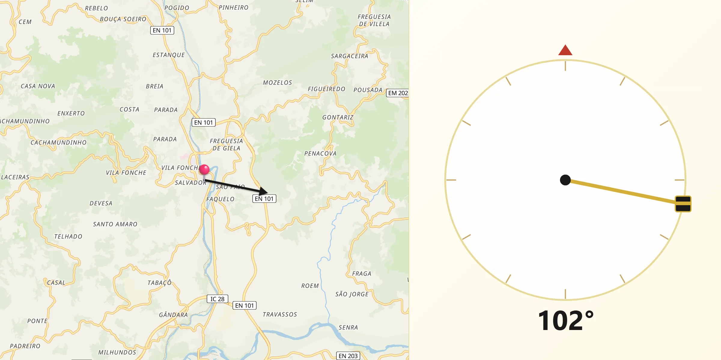 Direção da Qibla a partir de Arcos de Valdevez