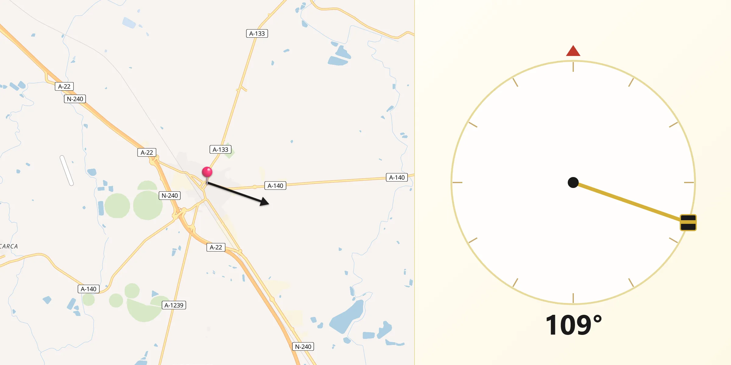 Dirección de la Qibla desde Binéfar