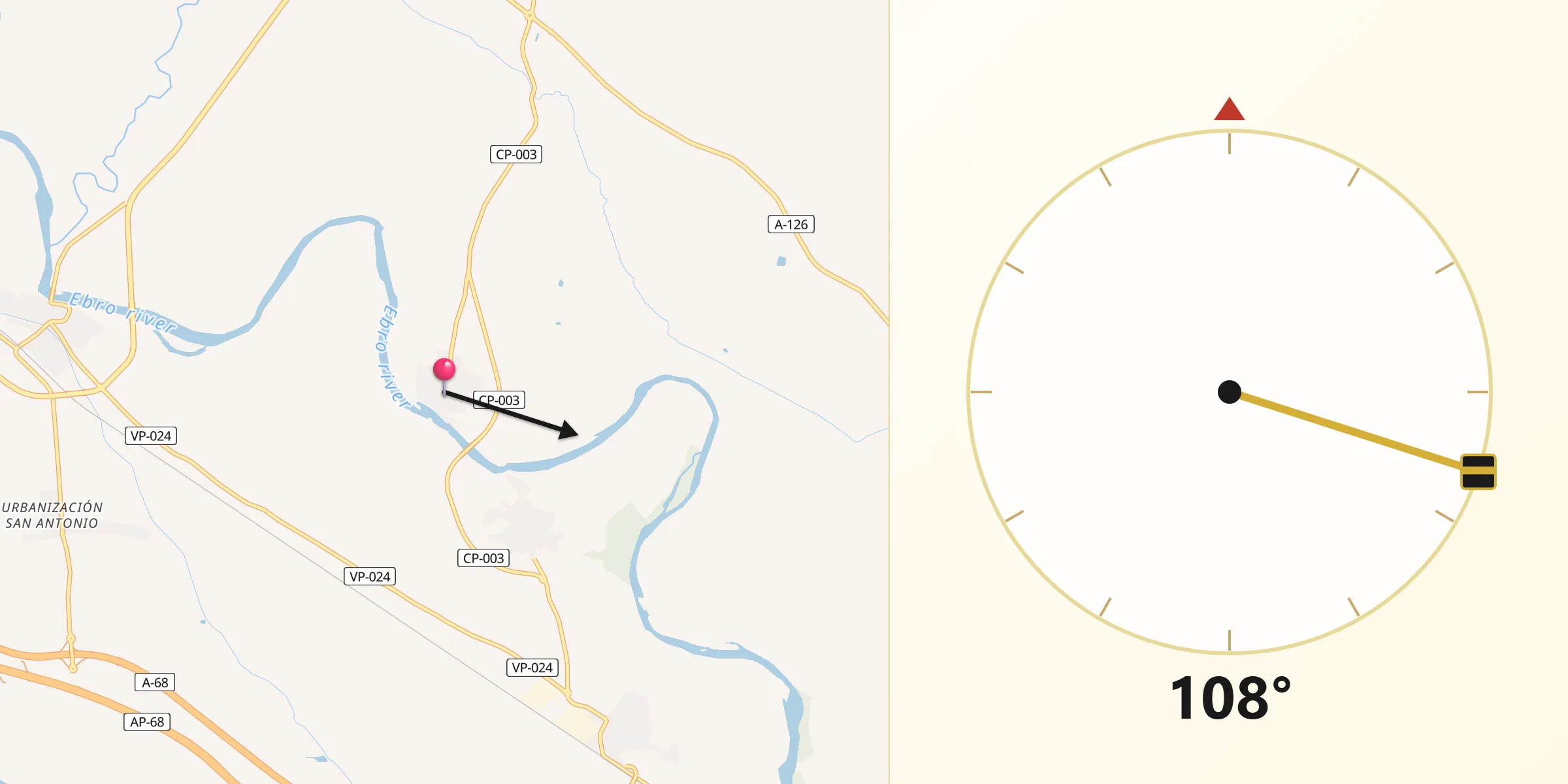 Dirección de la Qibla desde Pradilla de Ebro