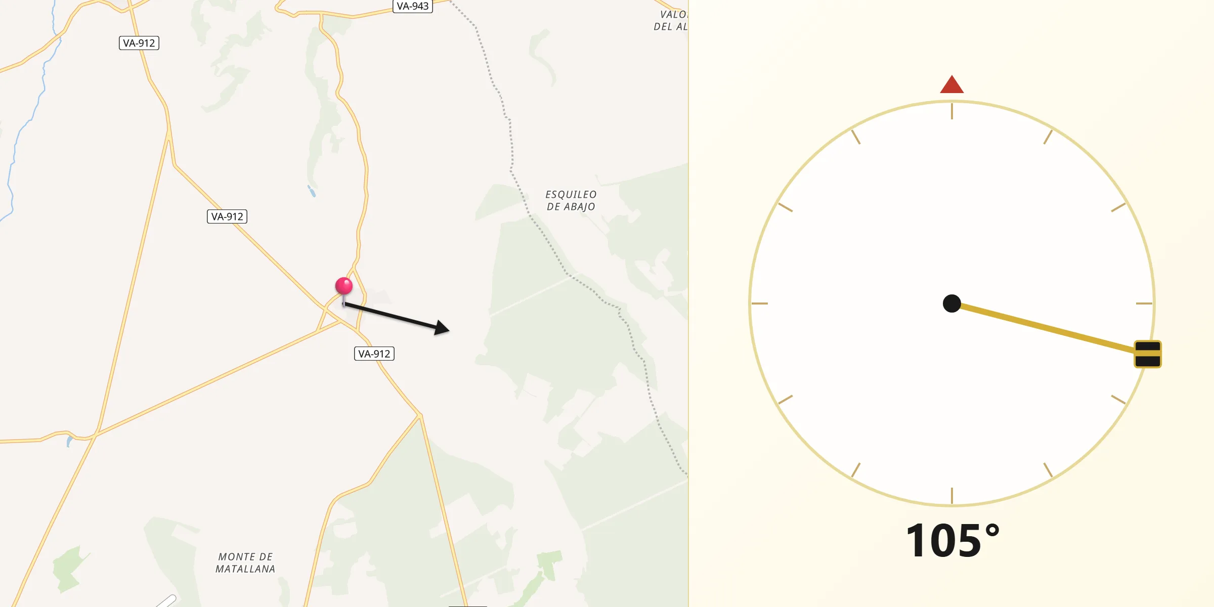 Dirección de la Qibla desde Villalba de los Alcores