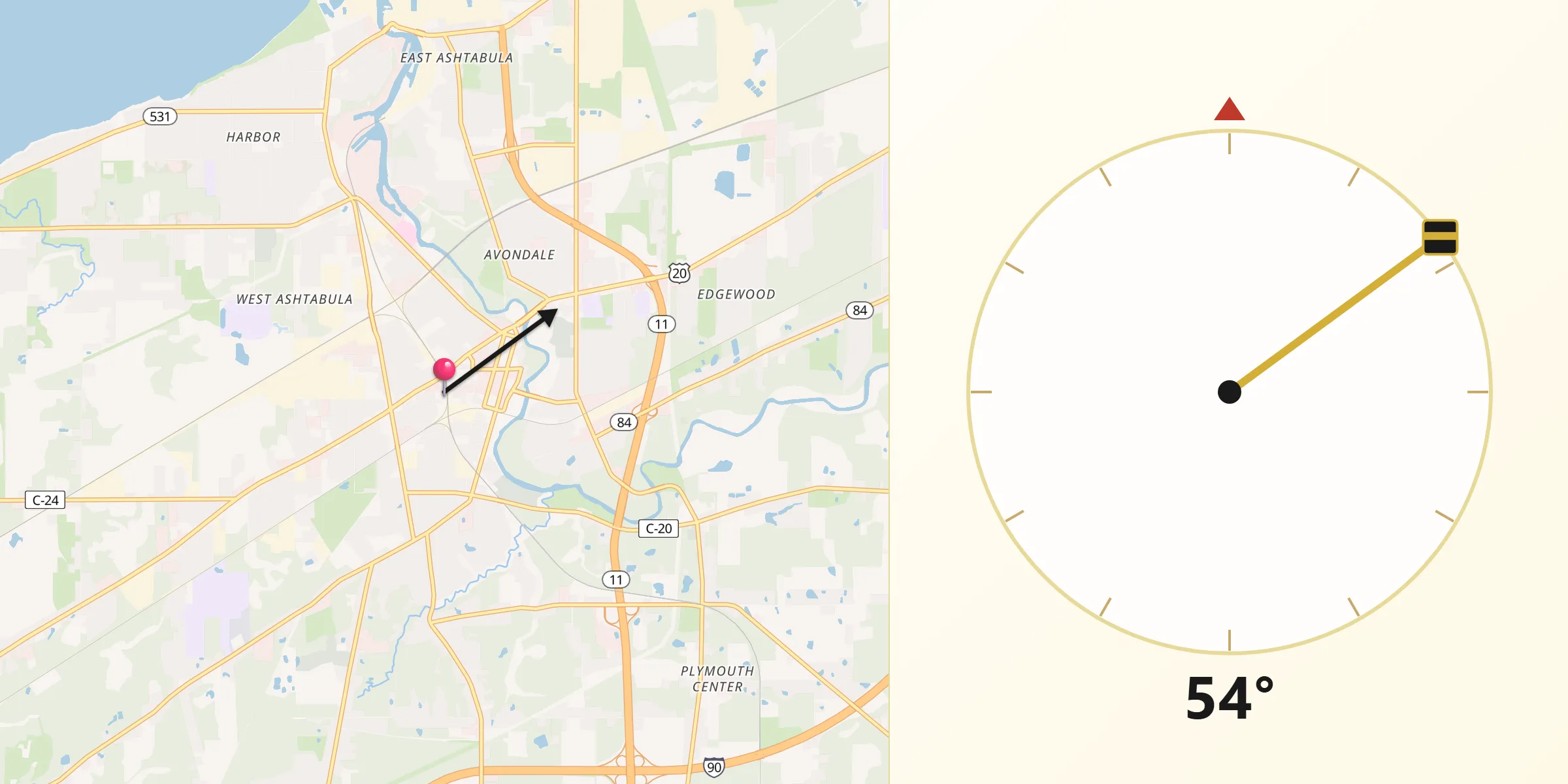Qibla Direction from Ashtabula