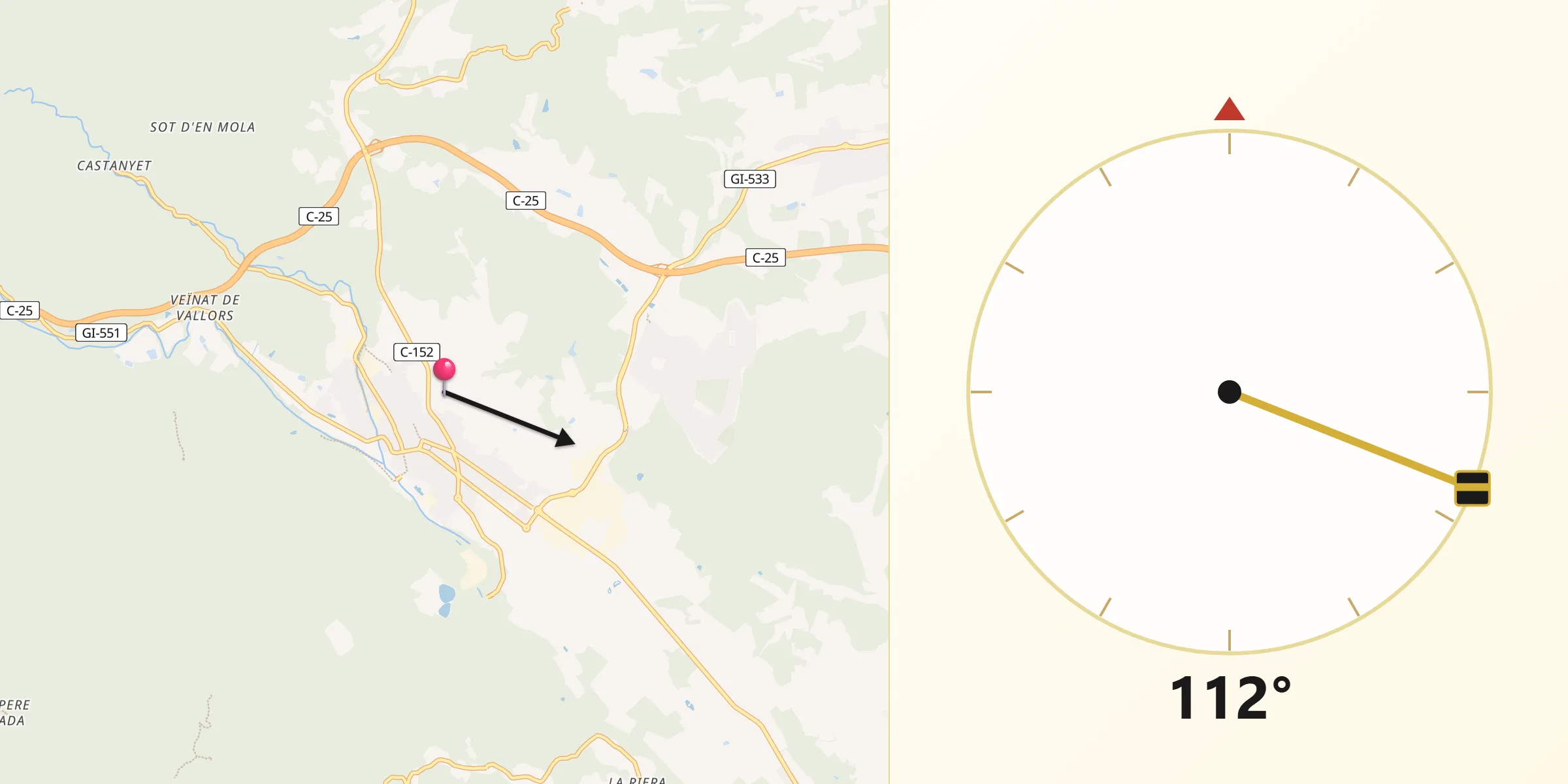 Dirección de la Qibla desde Santa Coloma de Farners
