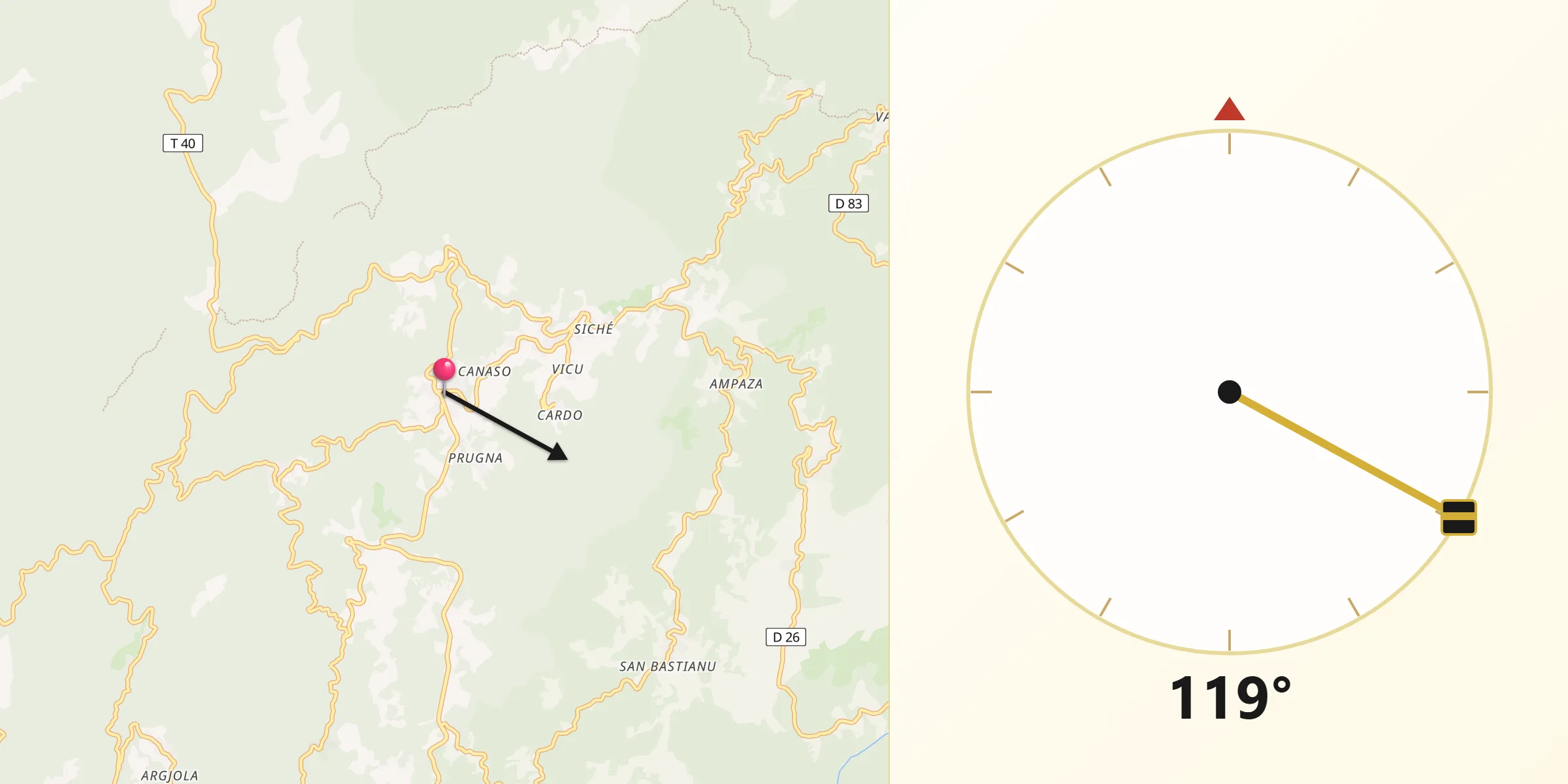 Direction vers la Qibla depuis Grosseto-Prugna