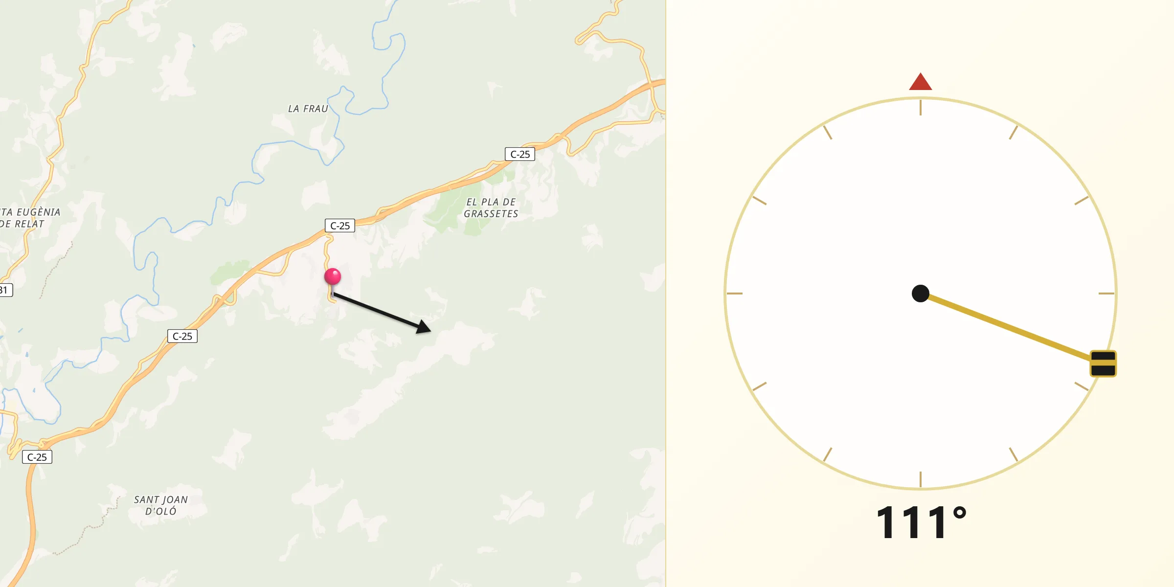 Dirección de la Qibla desde Santa Maria d'Oló