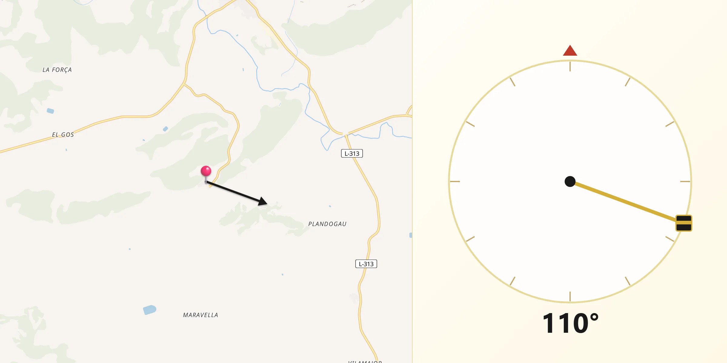 Dirección de la Qibla desde Oliola