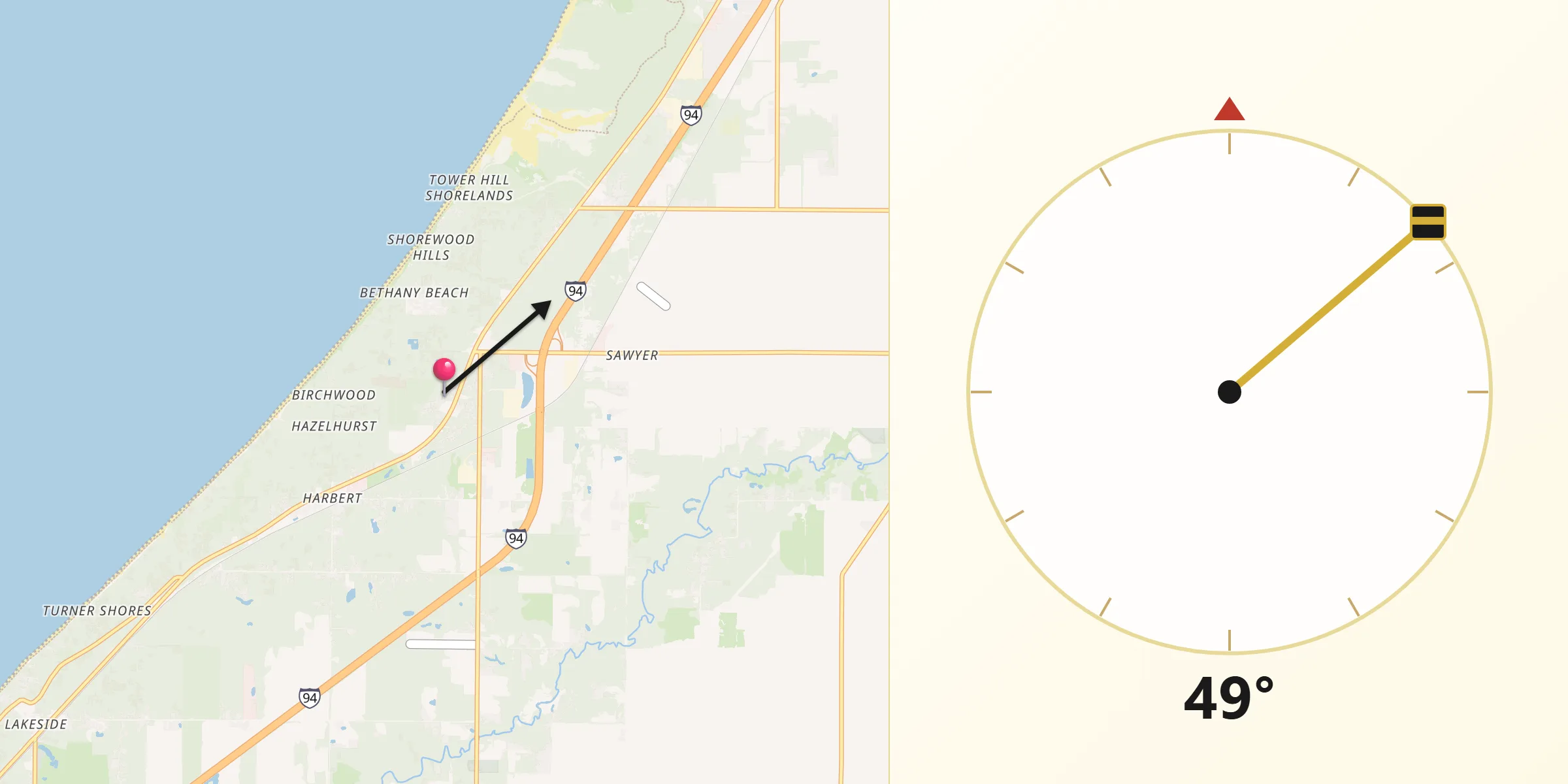 Qibla Direction from Shorewood-Tower Hills-Harbert