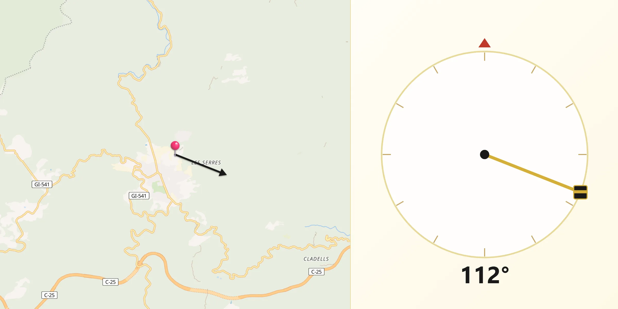 Dirección de la Qibla desde Sant Hilari Sacalm