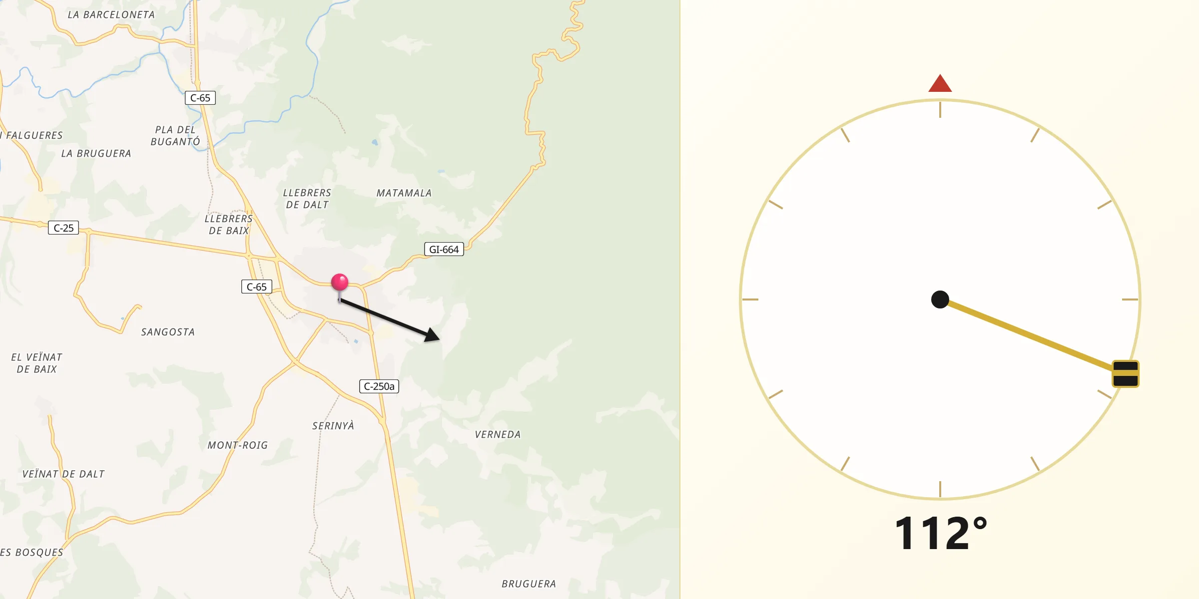 Dirección de la Qibla desde Cassà de la Selva