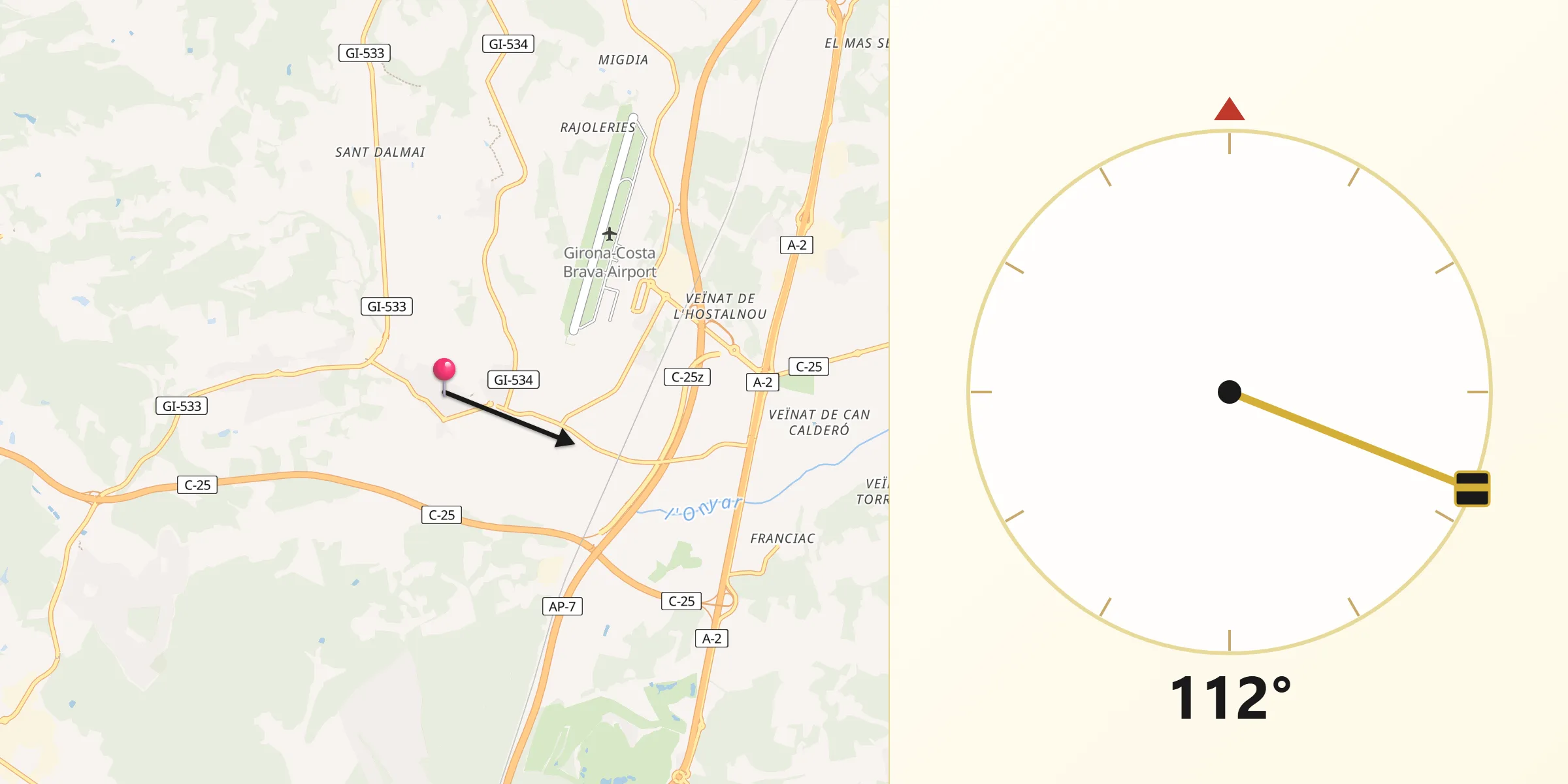 Dirección de la Qibla desde Vilobí d'Onyar