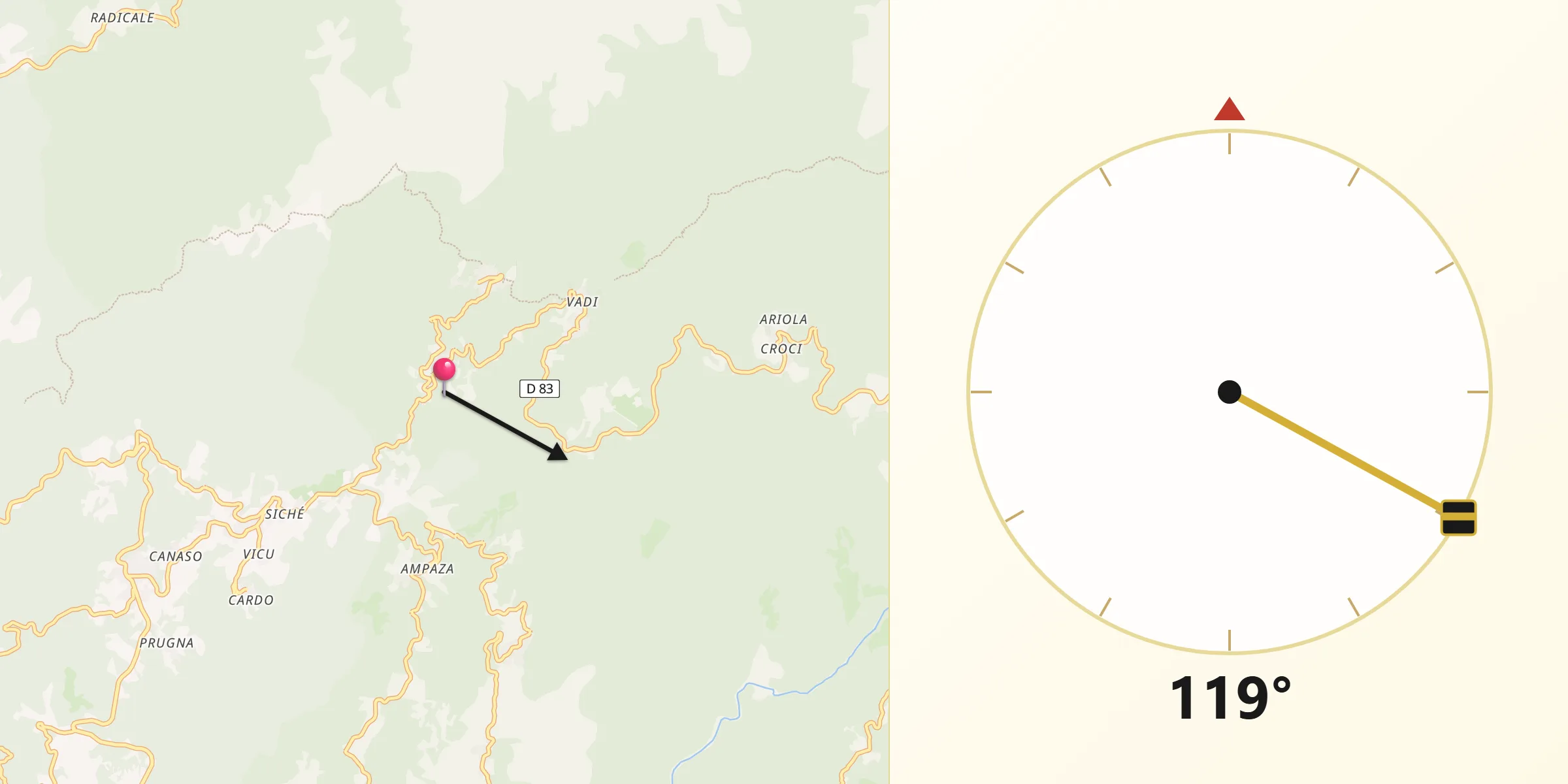 Direction vers la Qibla depuis Zévaco