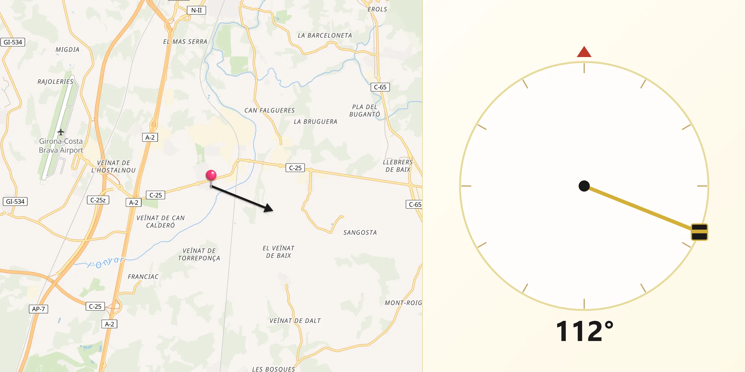 Dirección de la Qibla desde Riudellots de la Selva