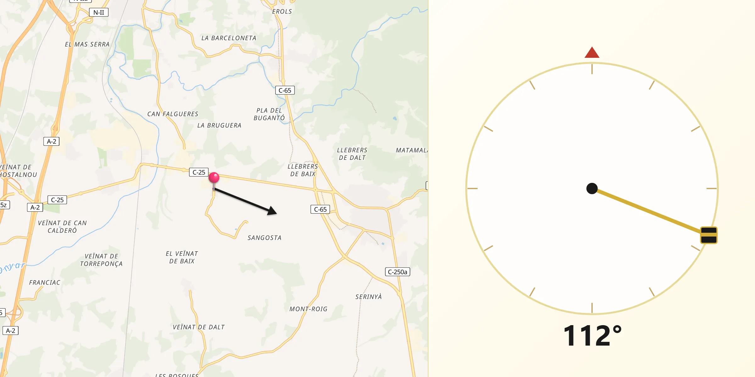 Dirección de la Qibla desde Campllong