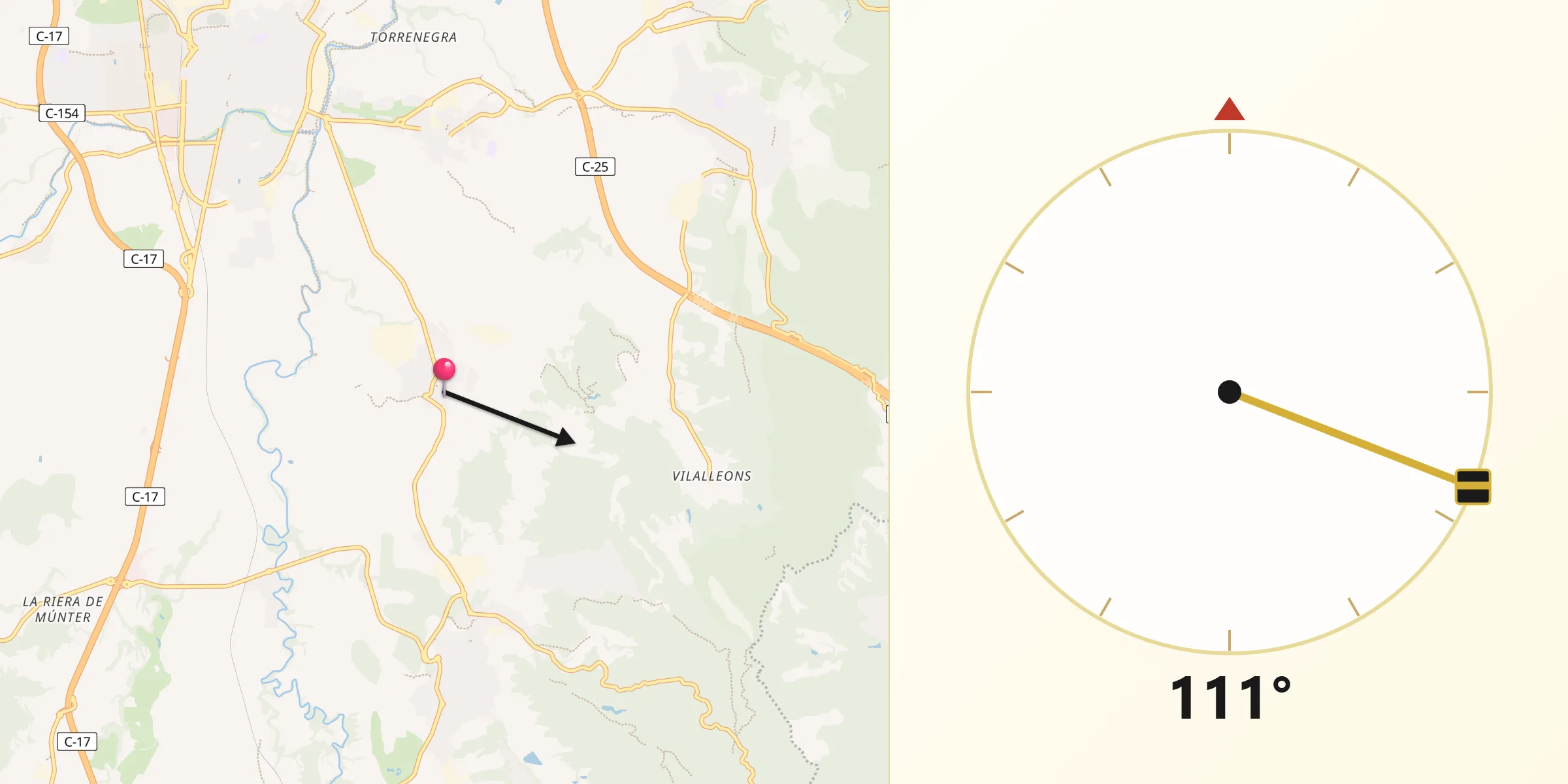 Dirección de la Qibla desde Santa Eugènia de Berga
