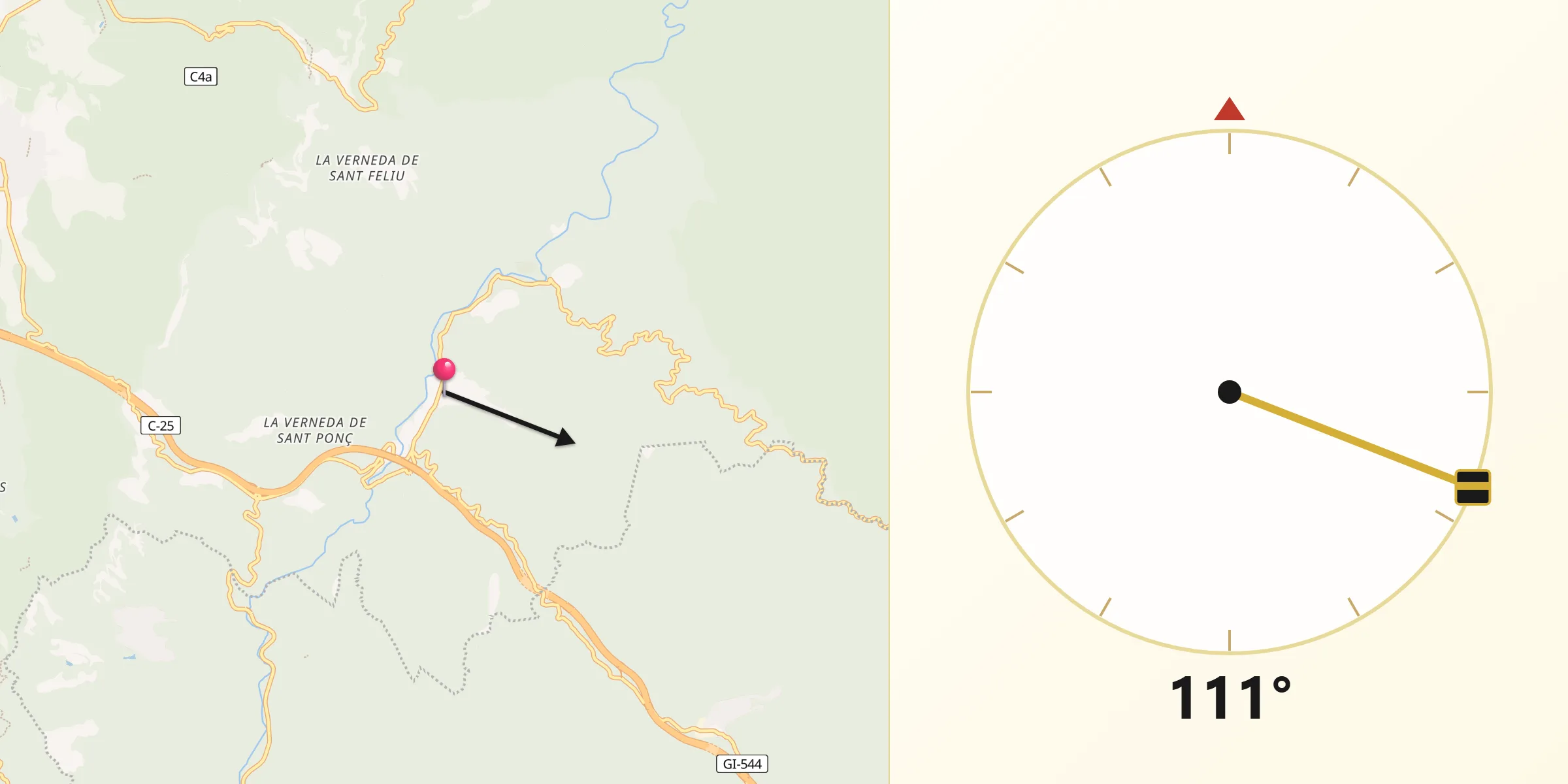 Dirección de la Qibla desde Sant Sadurní d'Osormort