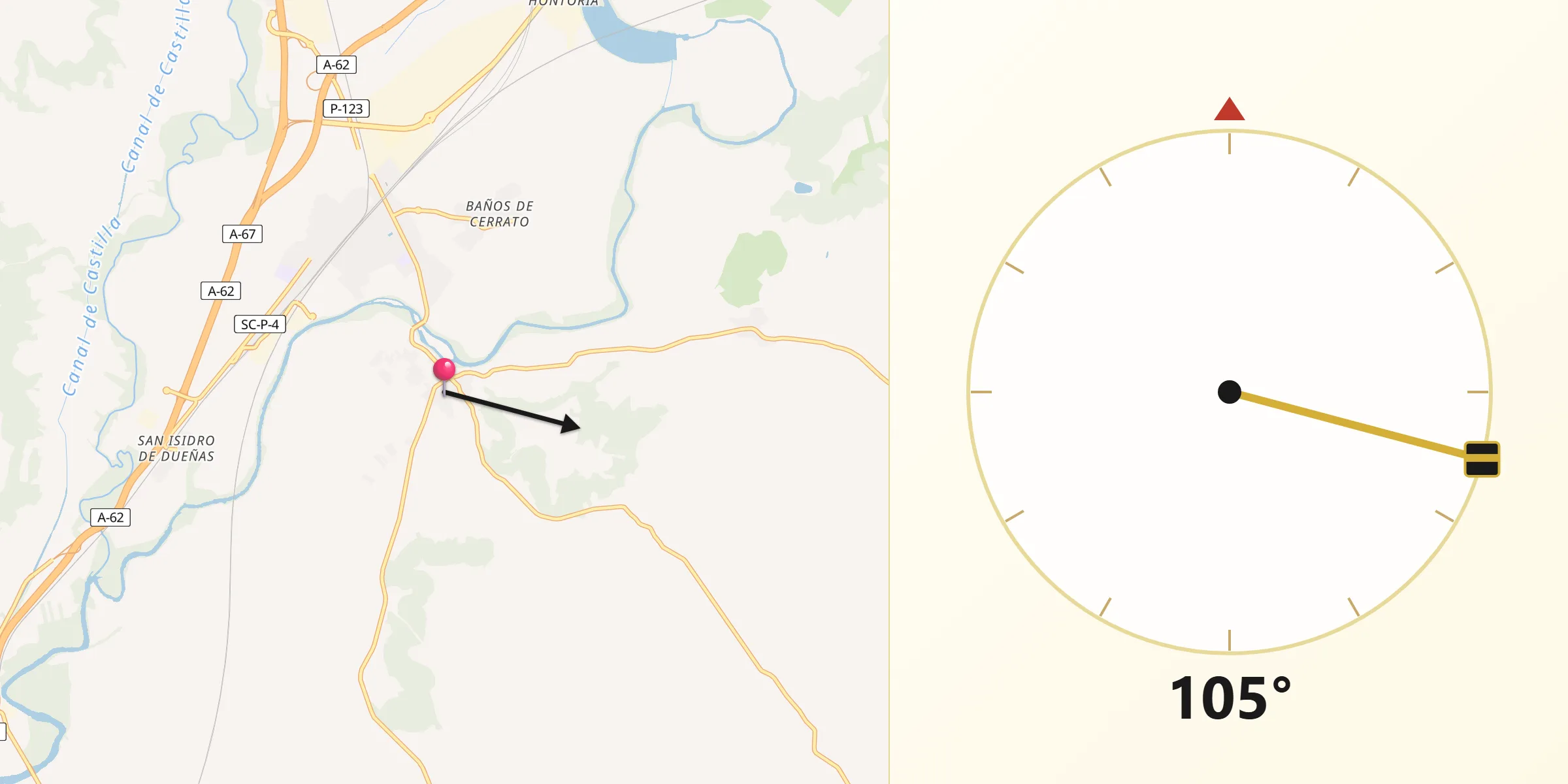 Dirección de la Qibla desde Tariego de Cerrato