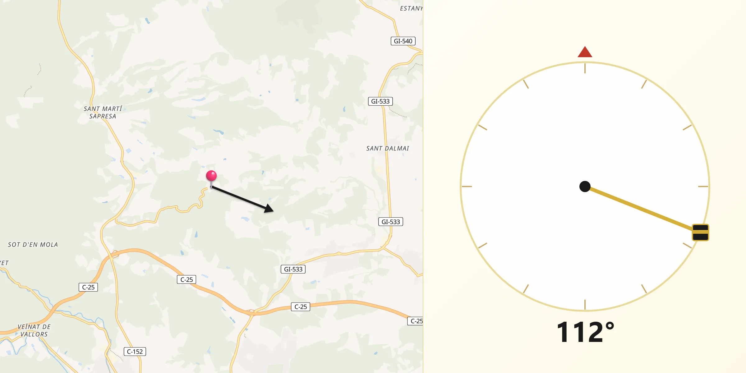 Dirección de la Qibla desde Brunyola