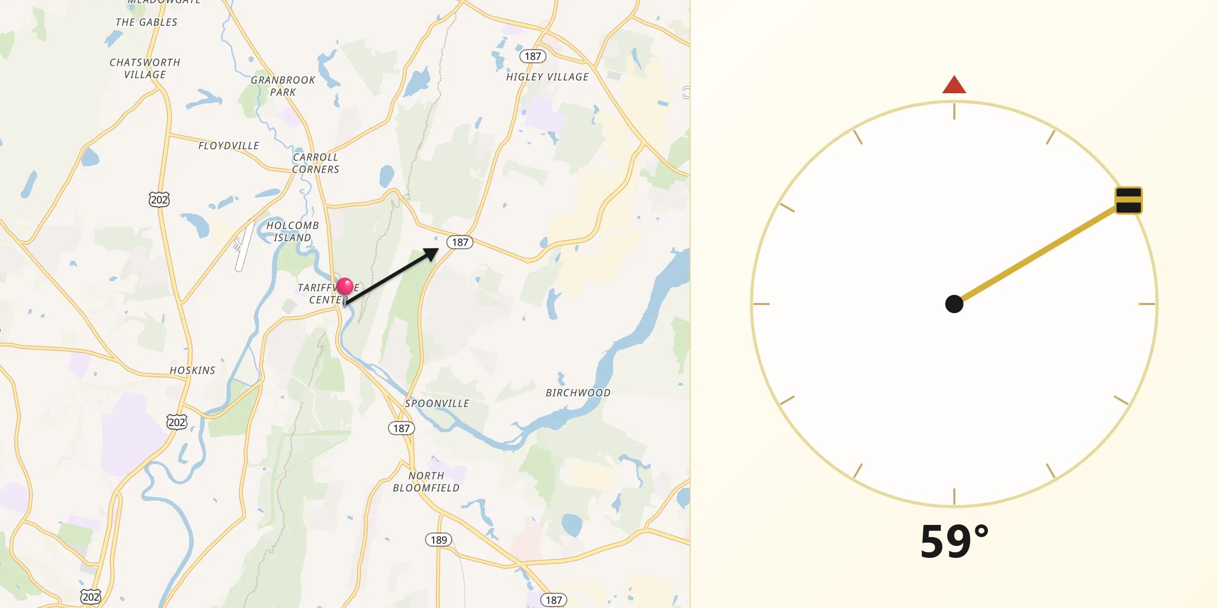Qibla Direction from Tariffville