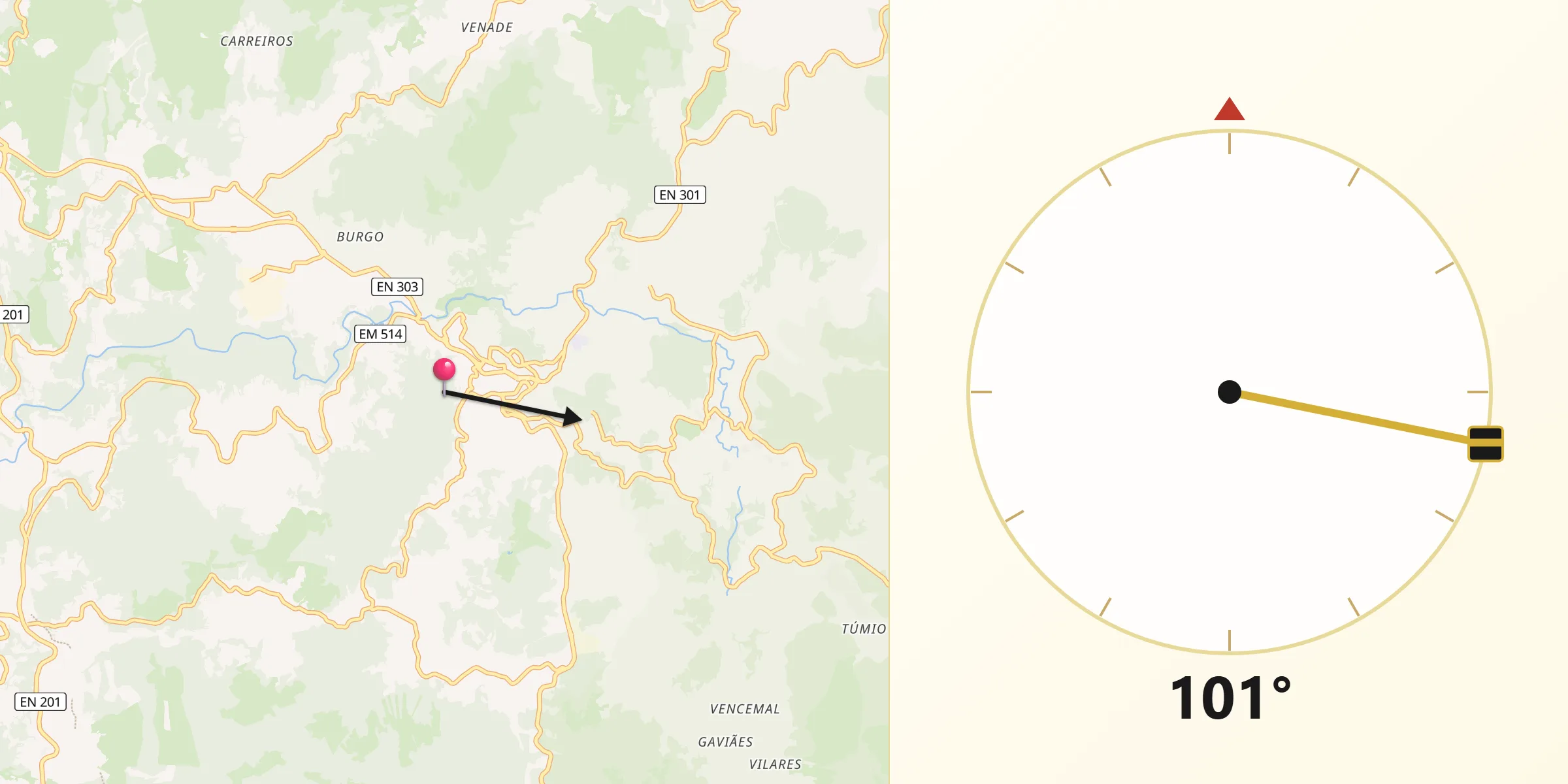 Direção da Qibla a partir de Paredes de Coura