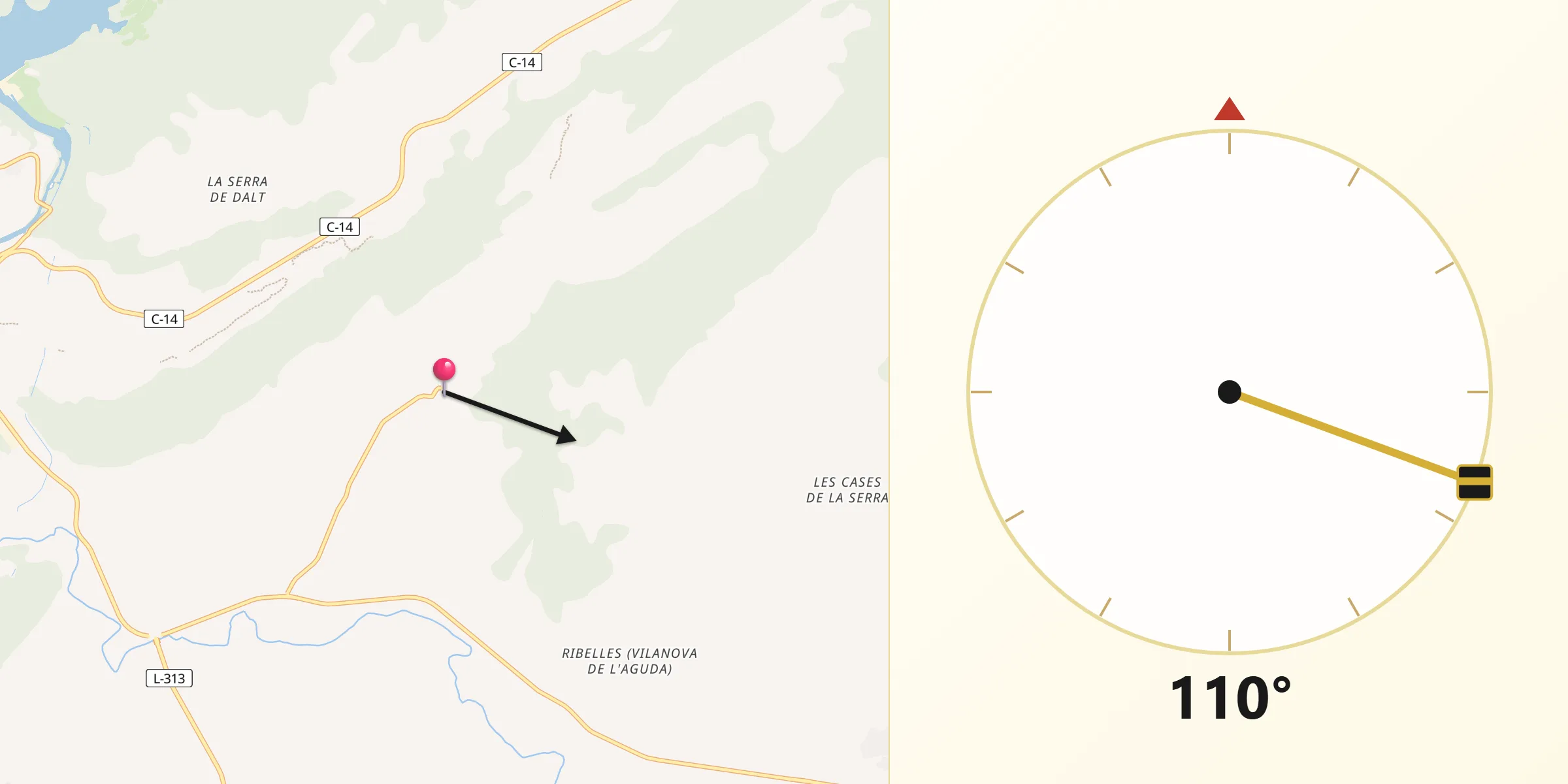 Dirección de la Qibla desde Vilanova de lAguda