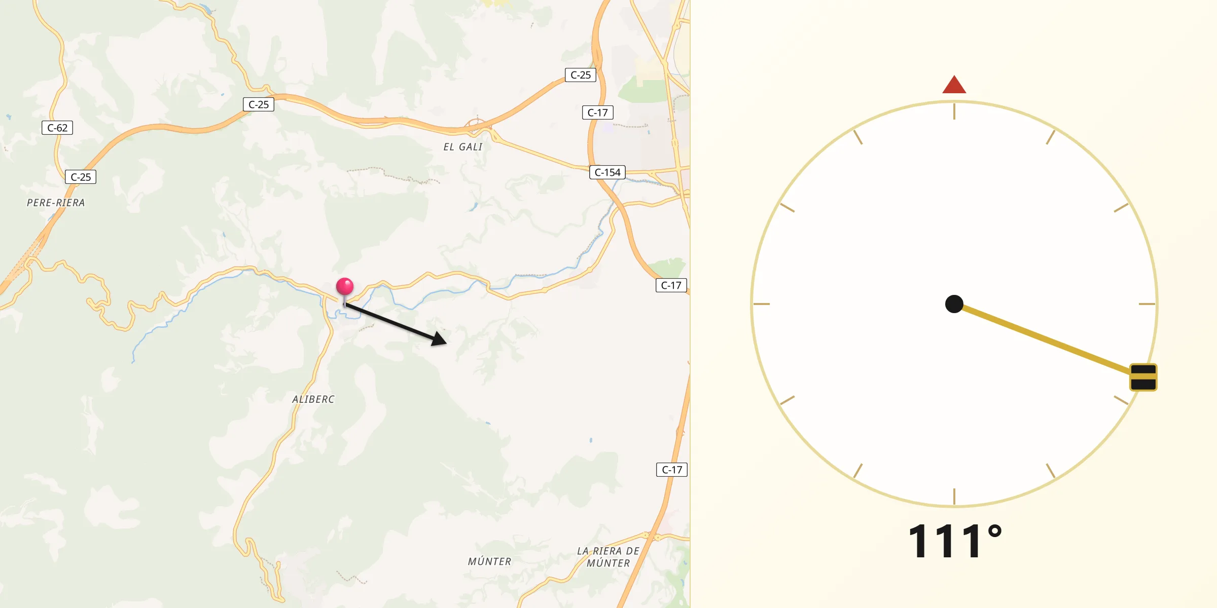 Dirección de la Qibla desde Santa Eulàlia de Riuprimer