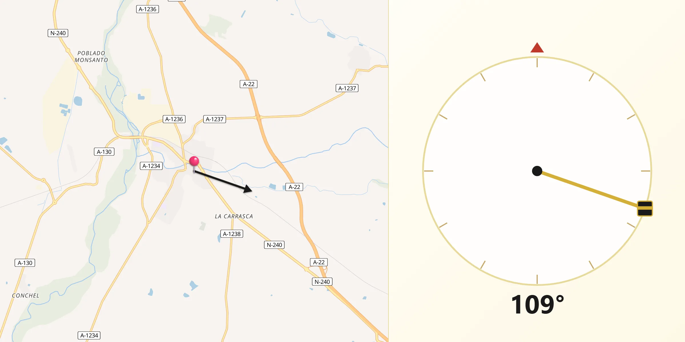 Dirección de la Qibla desde Monzón