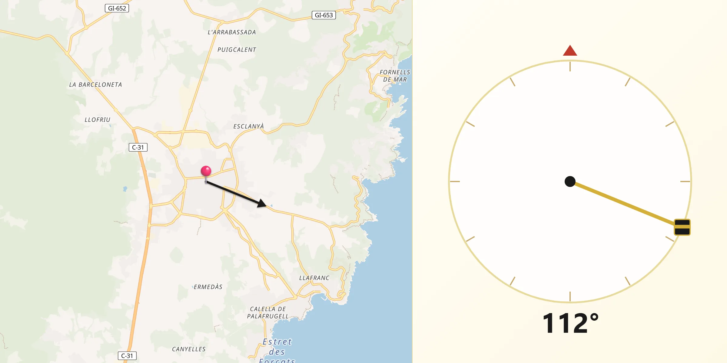 Dirección de la Qibla desde Palafrugell