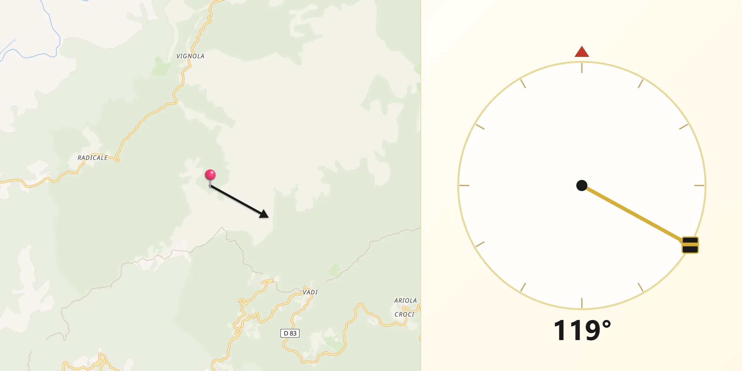 Direction vers la Qibla depuis Frasseto