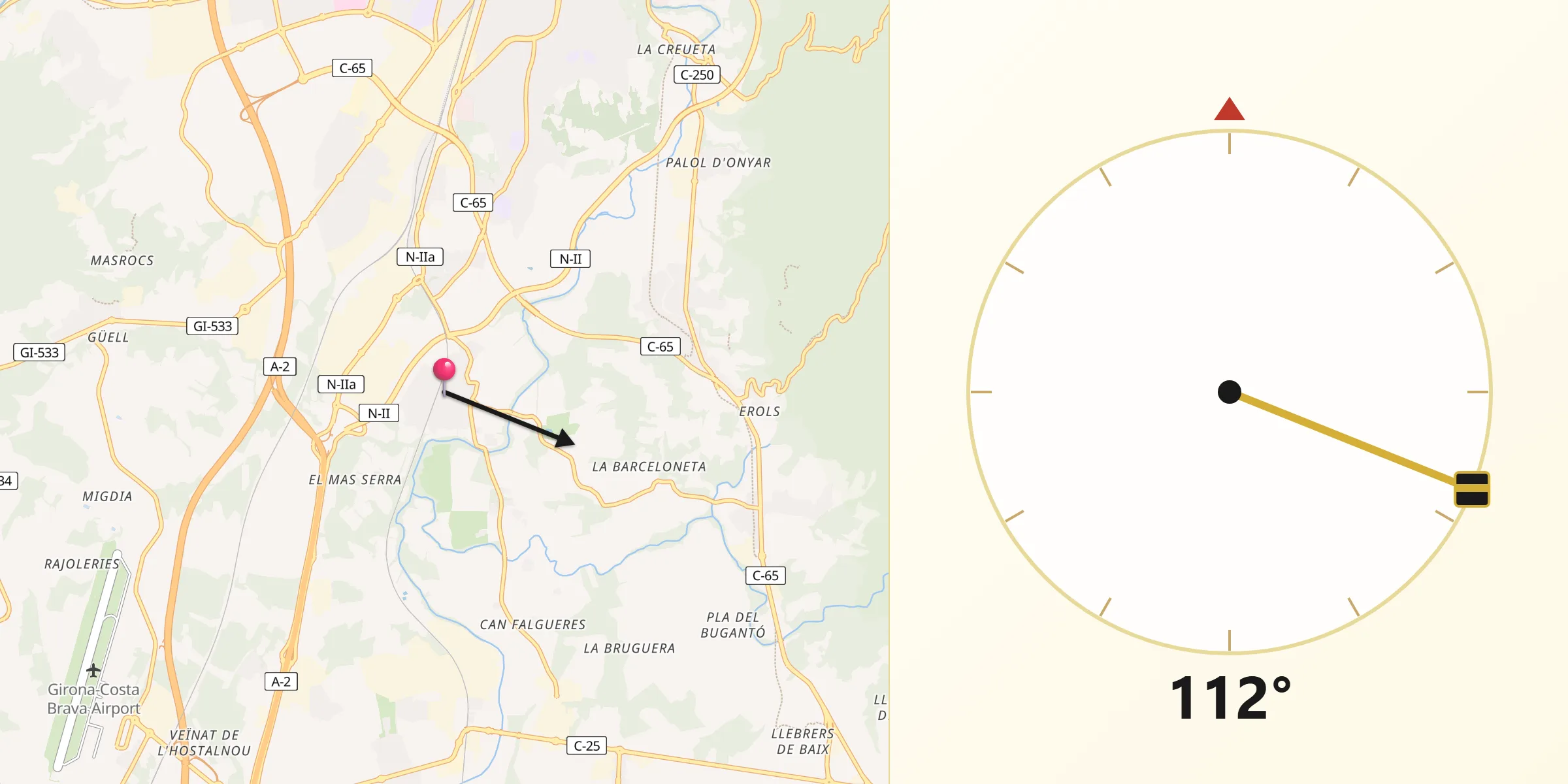Dirección de la Qibla desde Fornells de la Selva