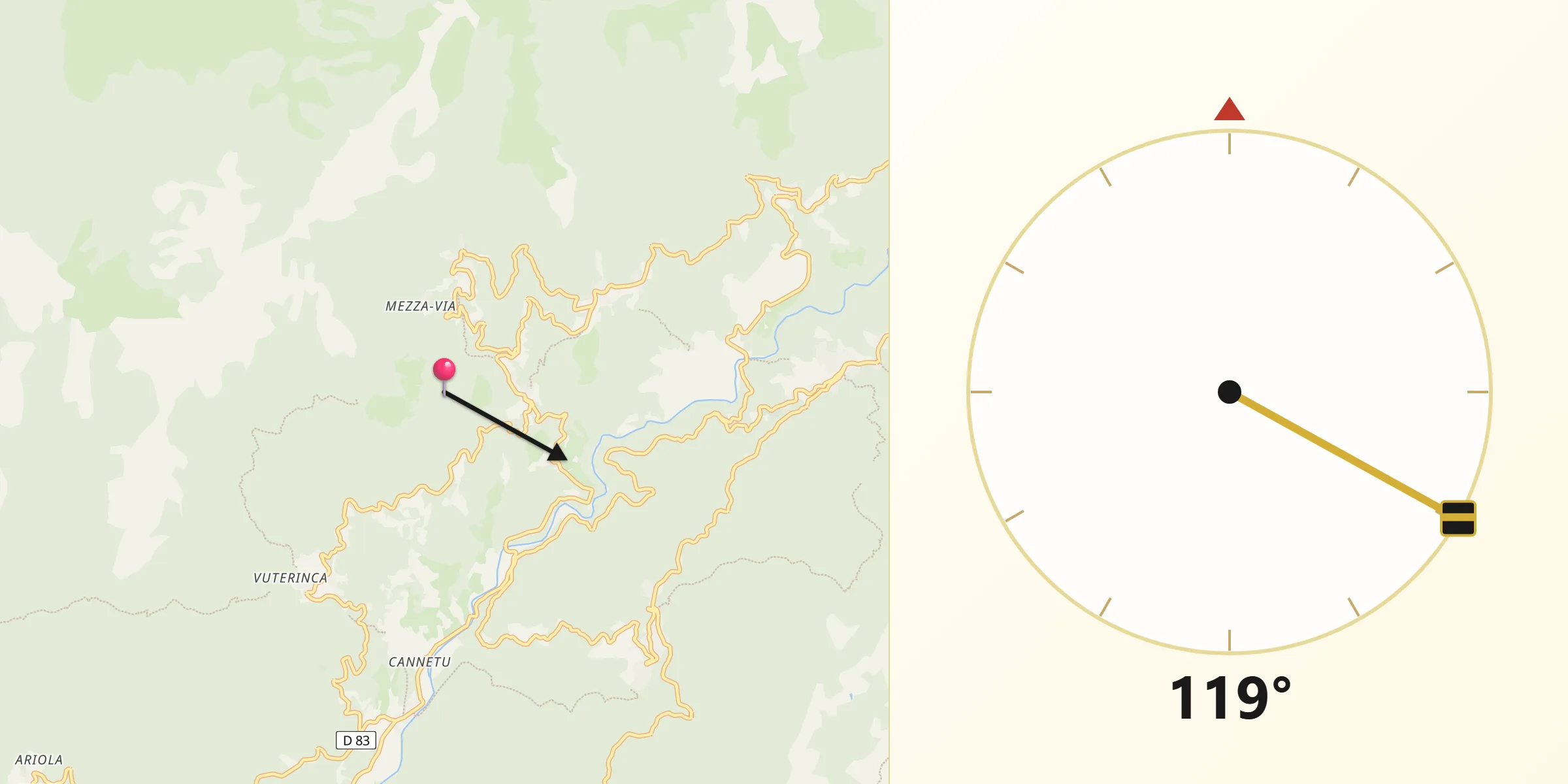 Direction vers la Qibla depuis Cozzano