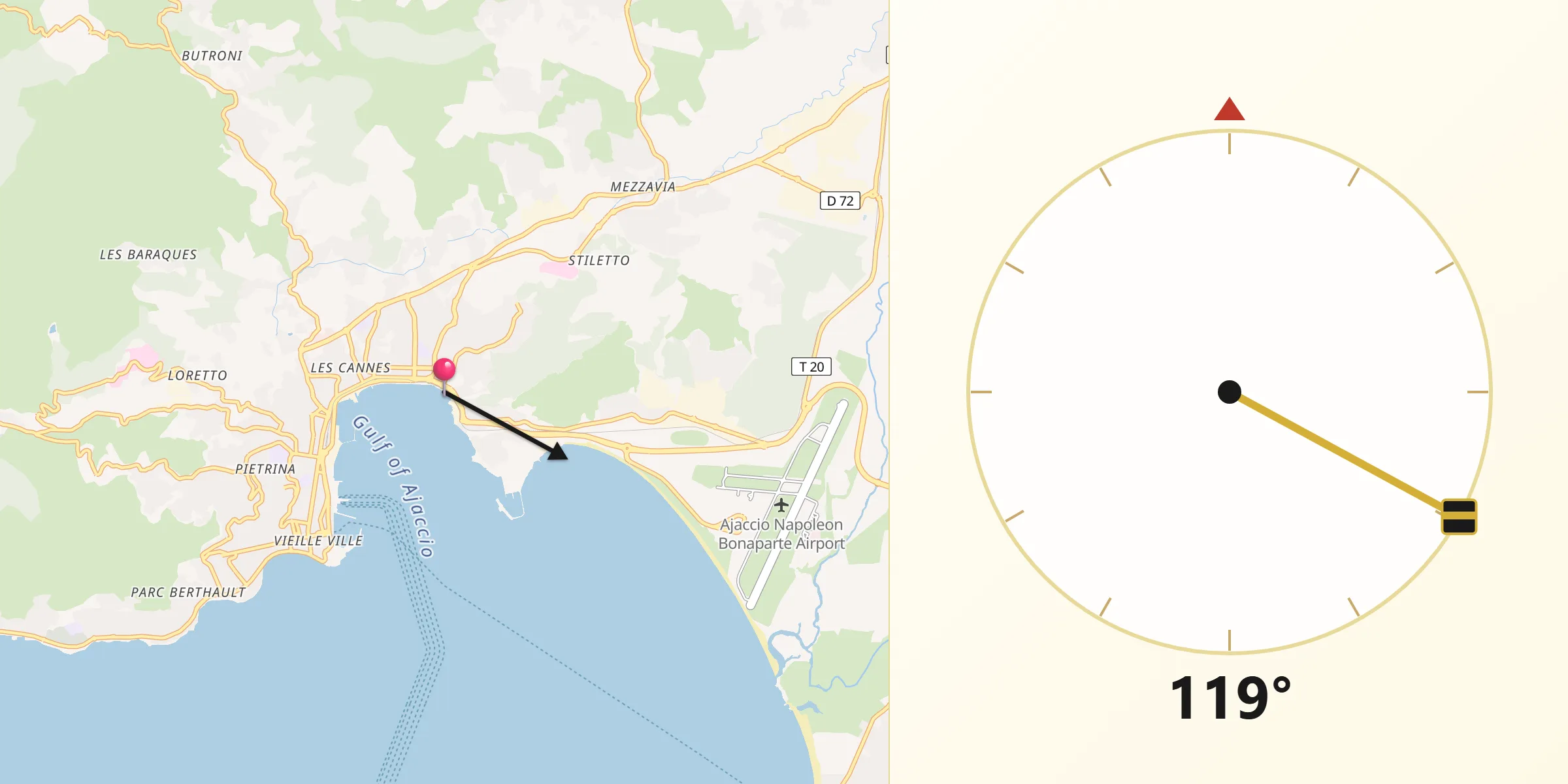 Direction vers la Qibla depuis Bastelicaccia