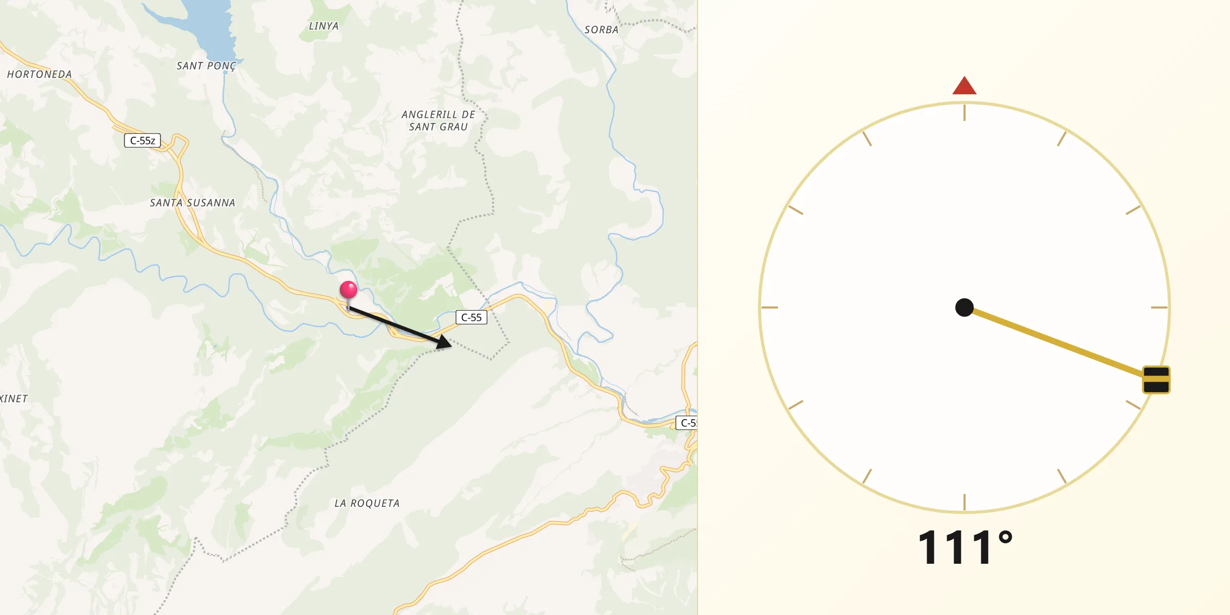 Dirección de la Qibla desde Clariana de Cardener