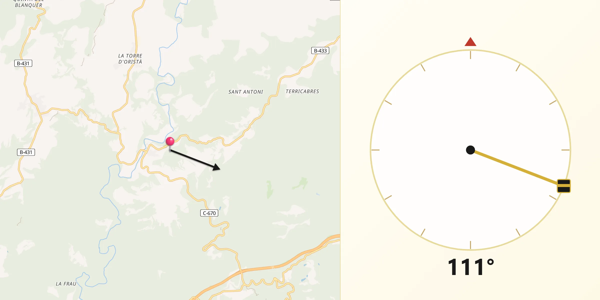 Dirección de la Qibla desde Oristà