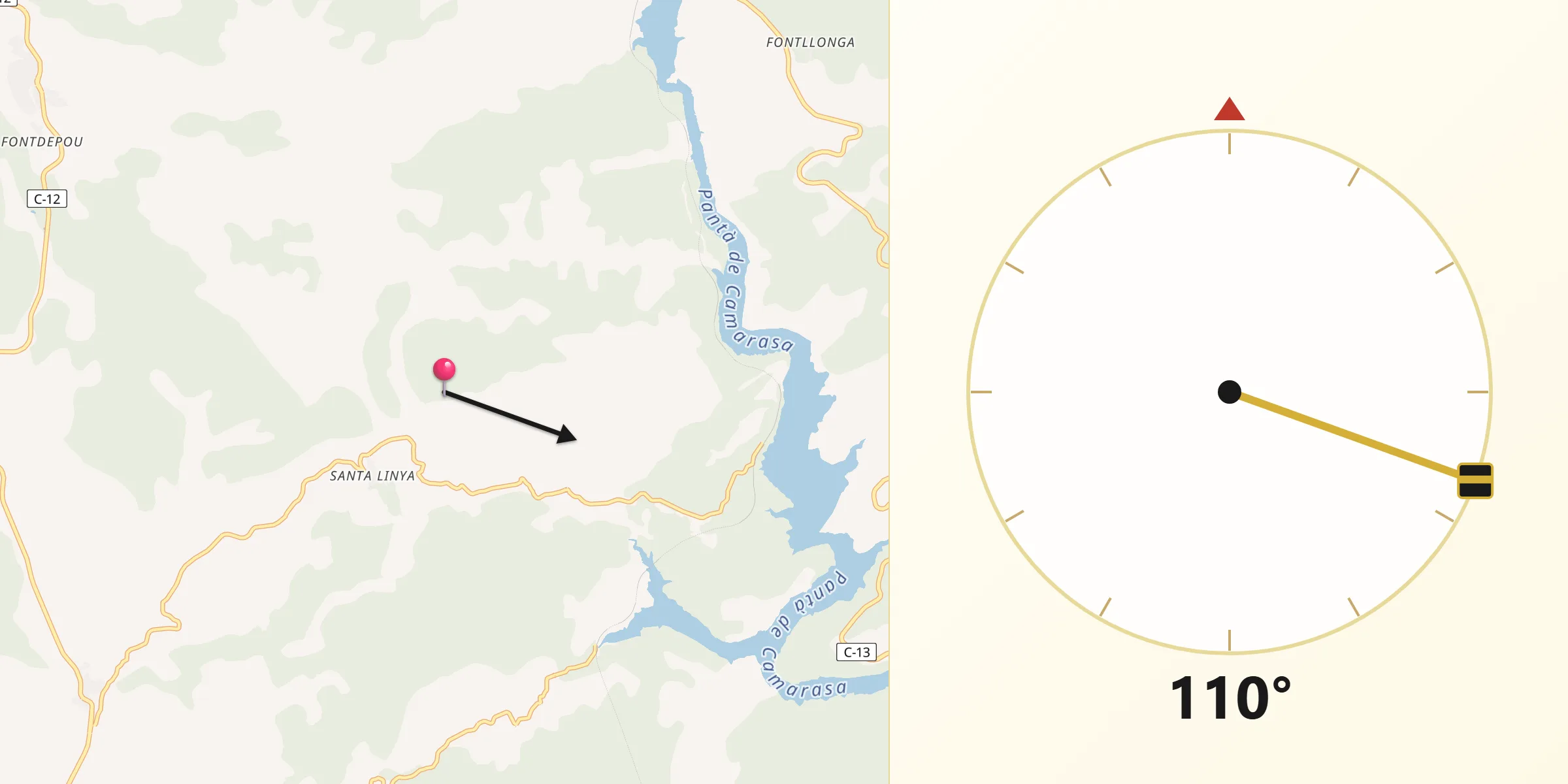 Dirección de la Qibla desde Les Avellanes i Santa Linya