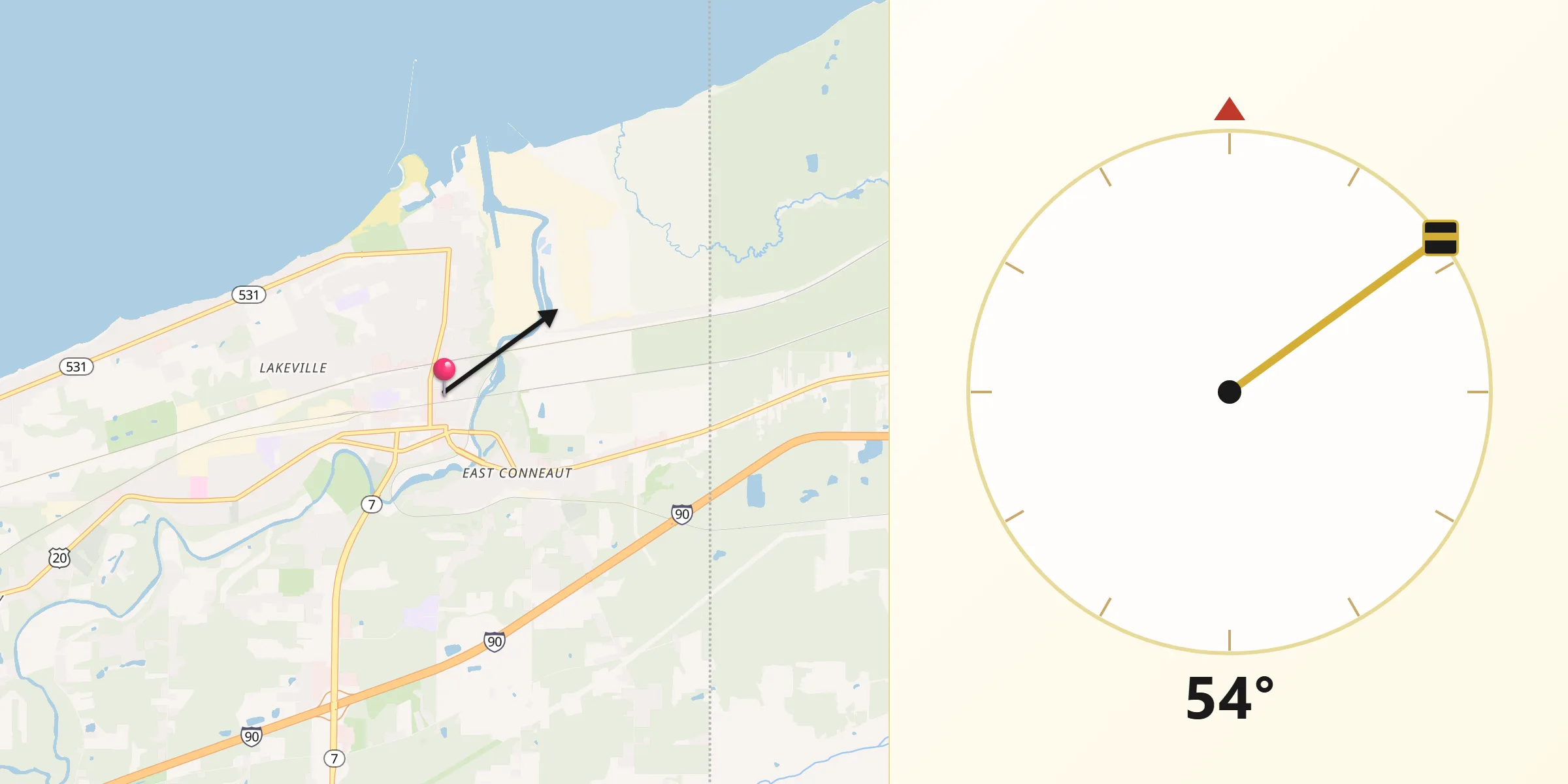 Qibla Direction from Conneaut
