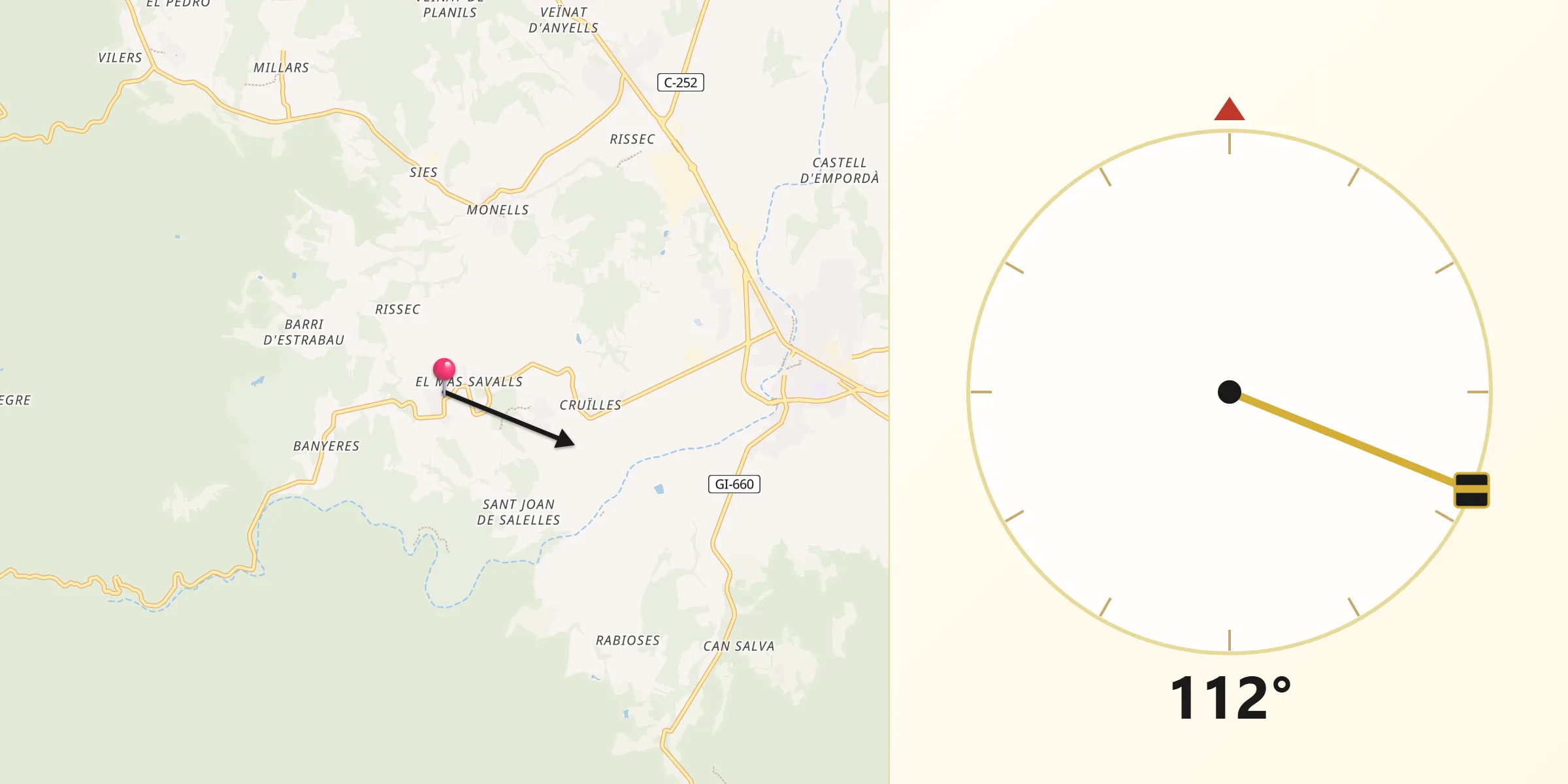 Dirección de la Qibla desde Cruïlles Monells i Sant Sadurní de lHeura