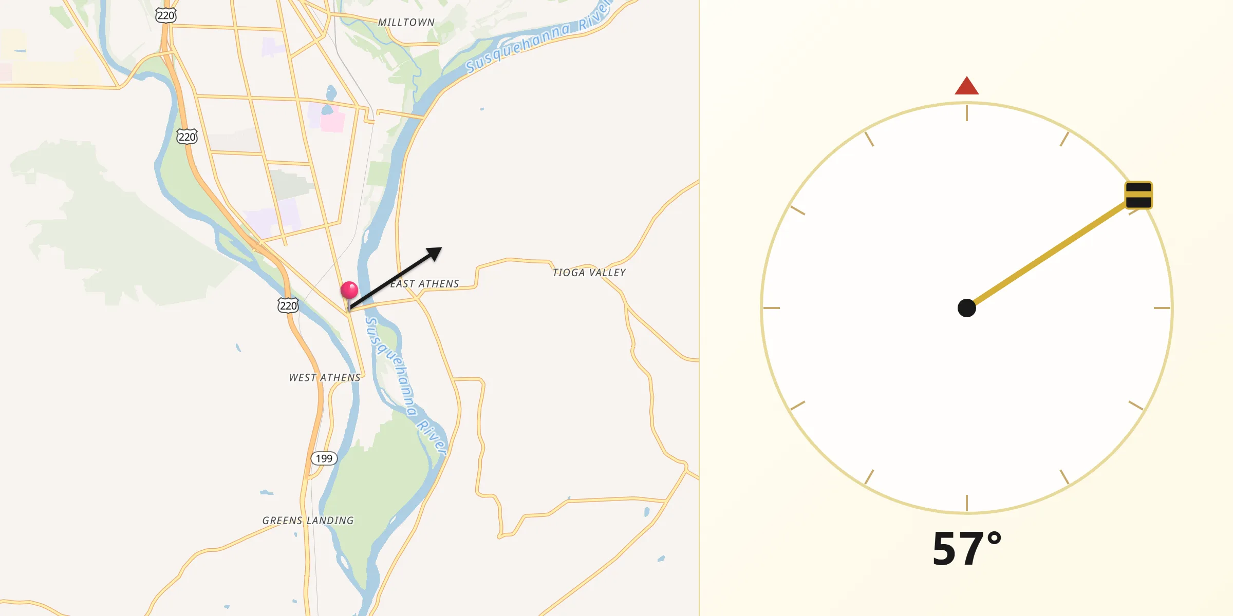 Dirección de la Qibla desde Athens