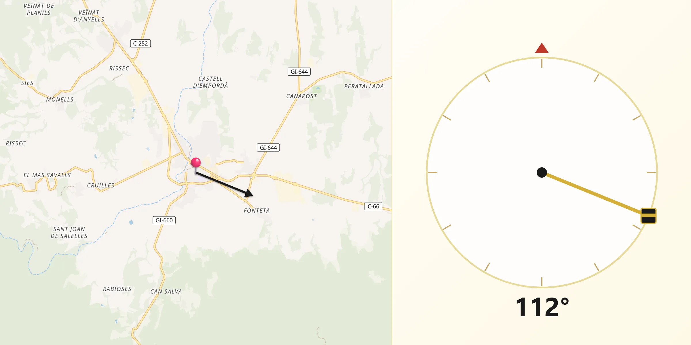 Dirección de la Qibla desde La Bisbal d'Empordà