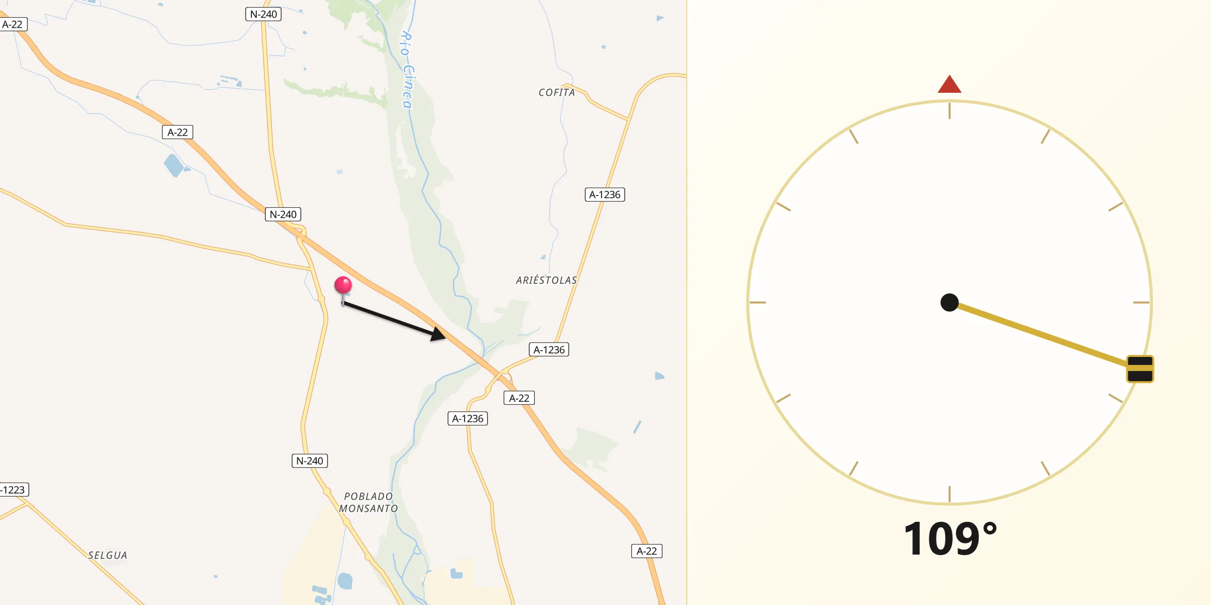 Dirección de la Qibla desde Castejón del Puente