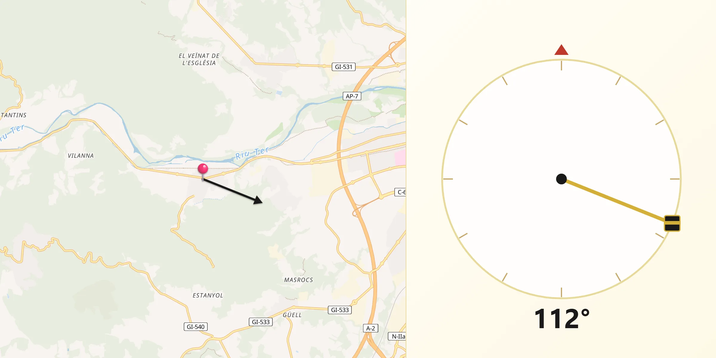 Dirección de la Qibla desde Bescanó