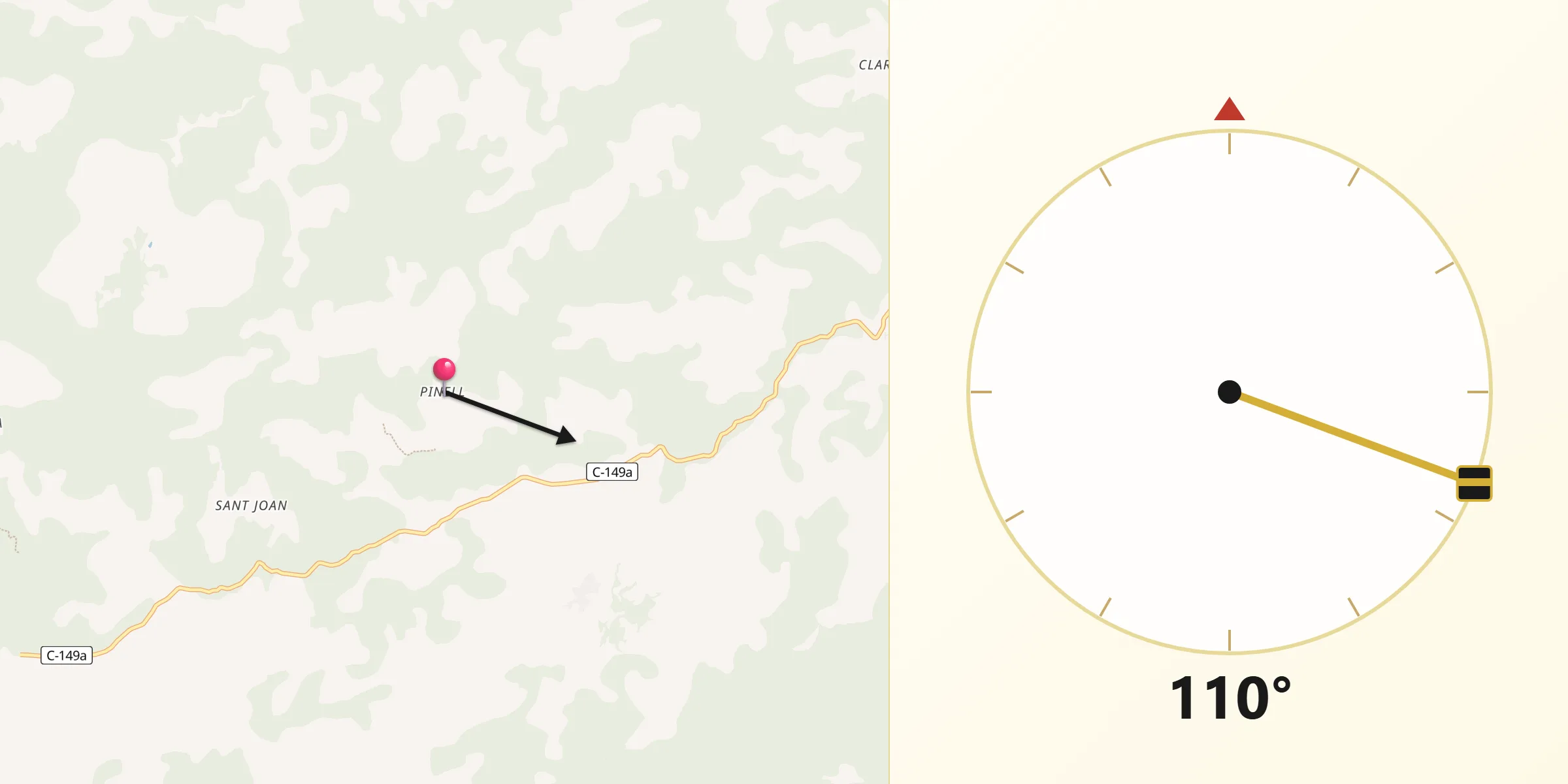 Dirección de la Qibla desde Pinell de Solsonès