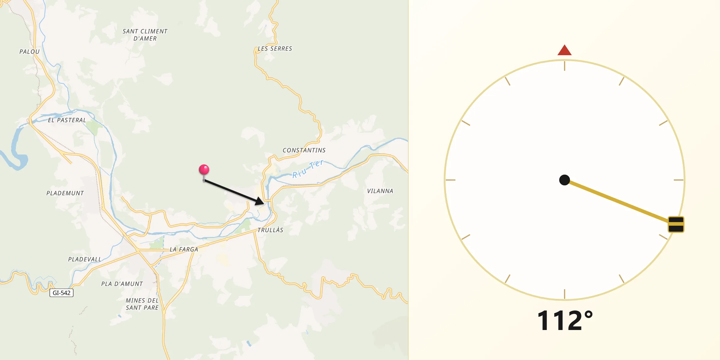 Dirección de la Qibla desde Sant Julià del Llor i Bonmatí