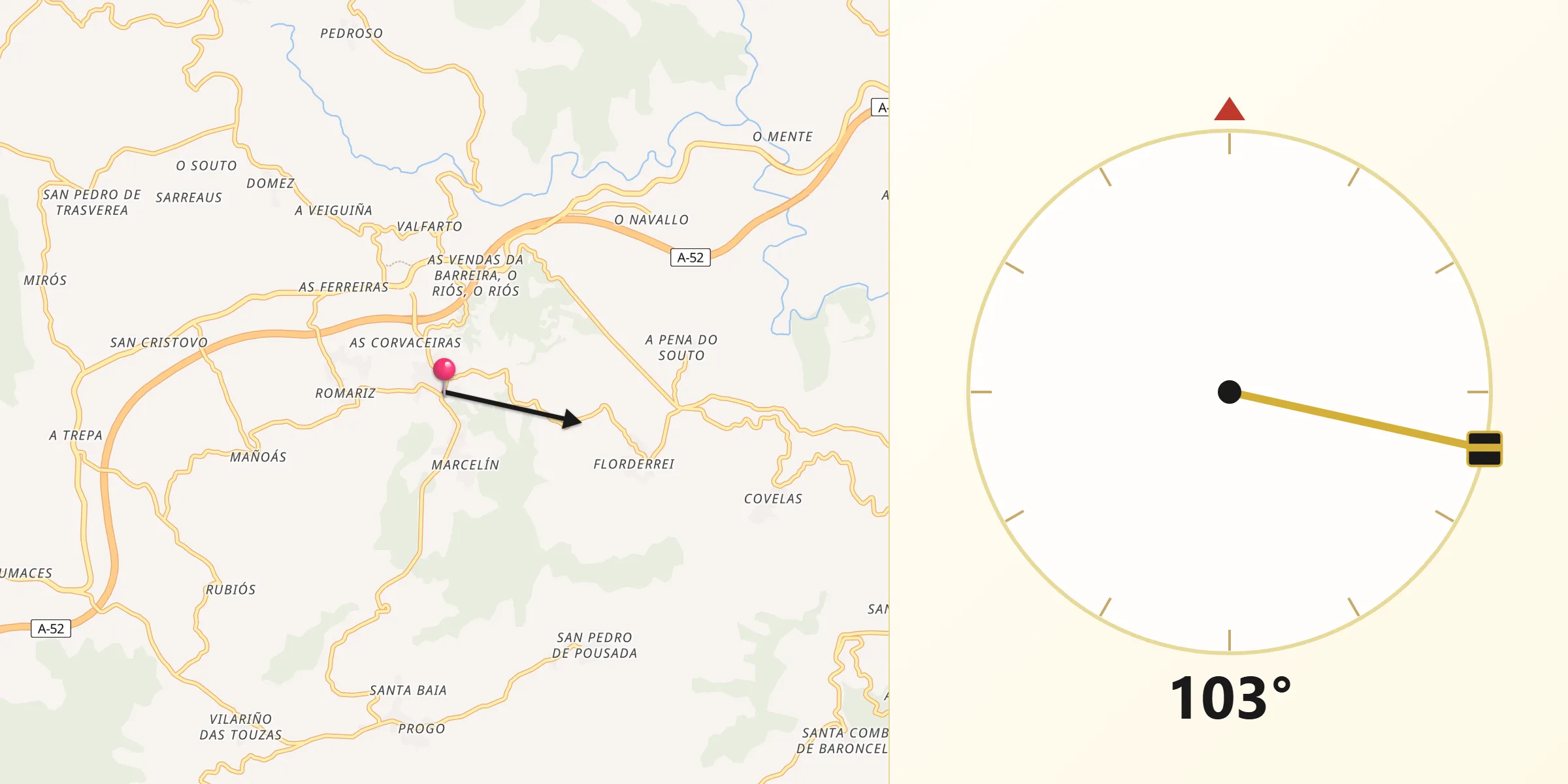 Dirección de la Qibla desde Riós