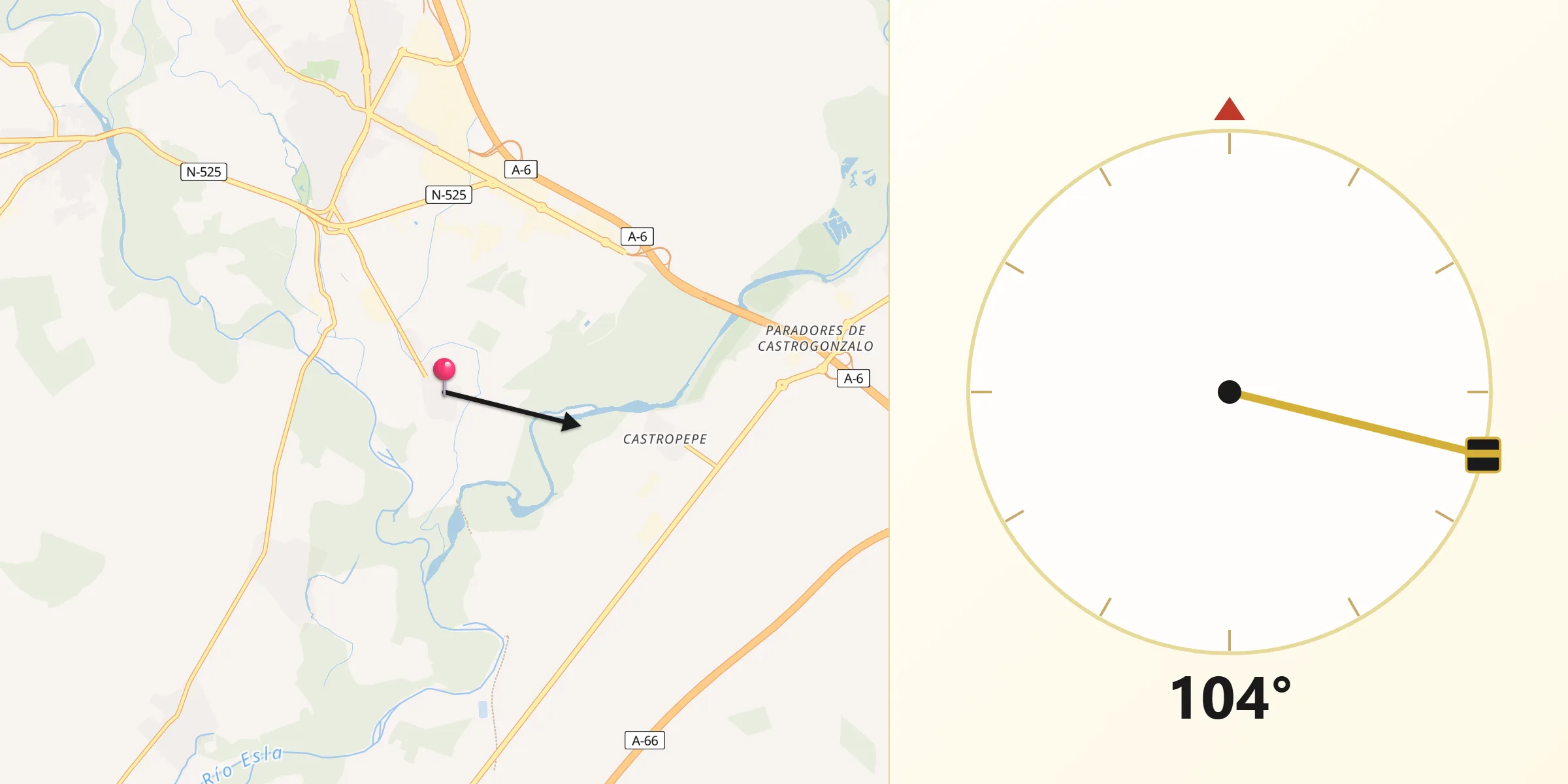 Dirección de la Qibla desde Villanueva de Azoague