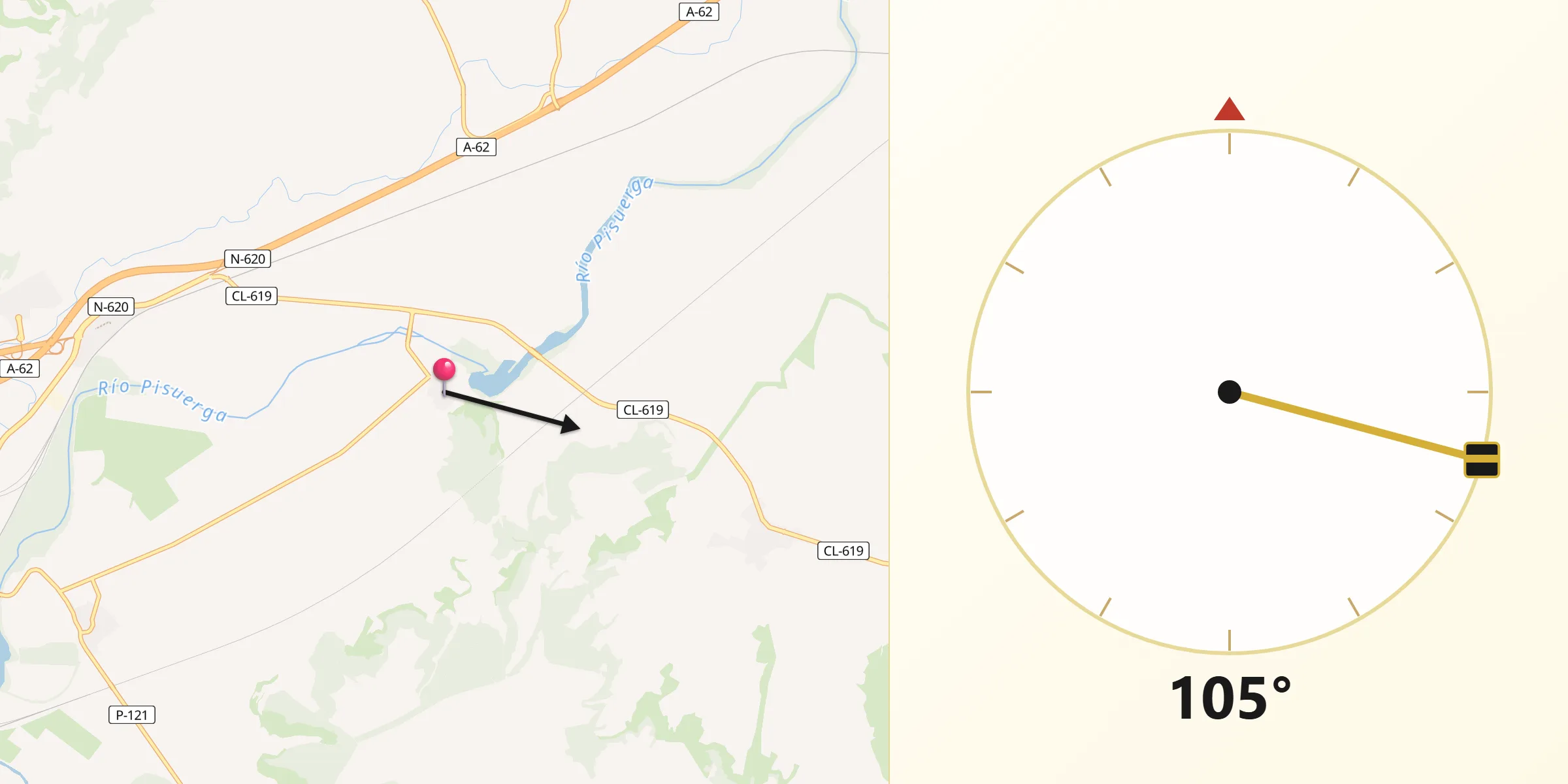 Dirección de la Qibla desde Reinoso de Cerrato