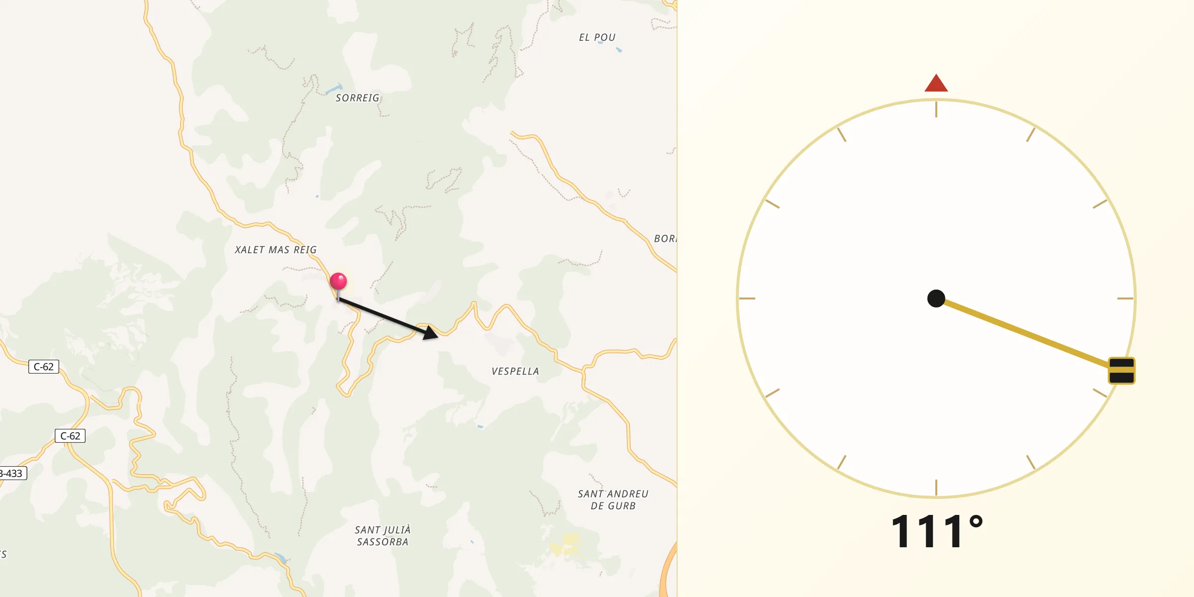 Dirección de la Qibla desde Sant Bartomeu del Grau