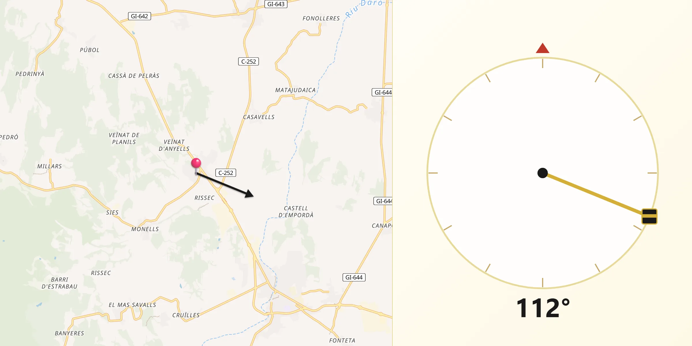 Dirección de la Qibla desde Corçà