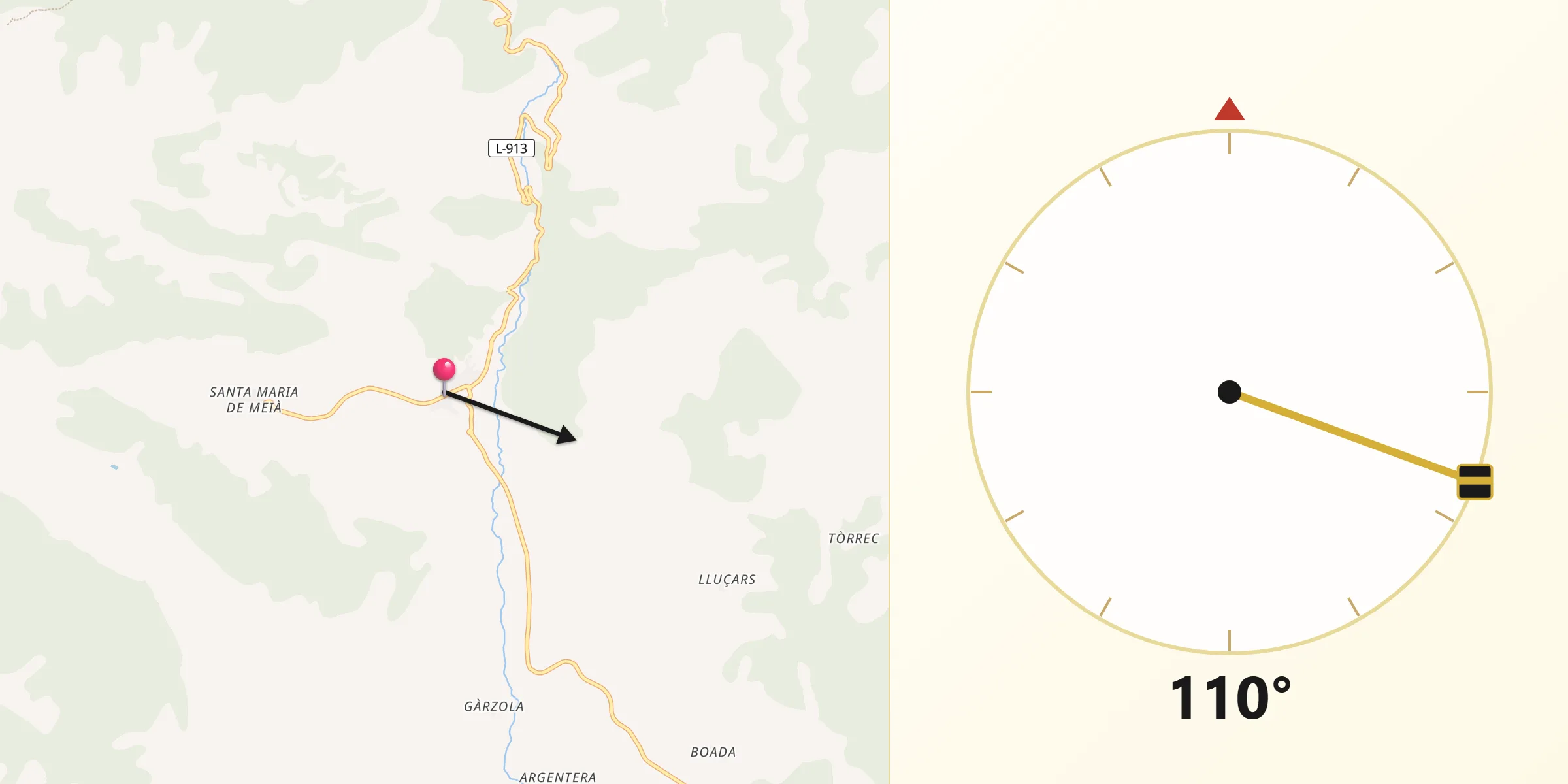Dirección de la Qibla desde Vilanova de Meià