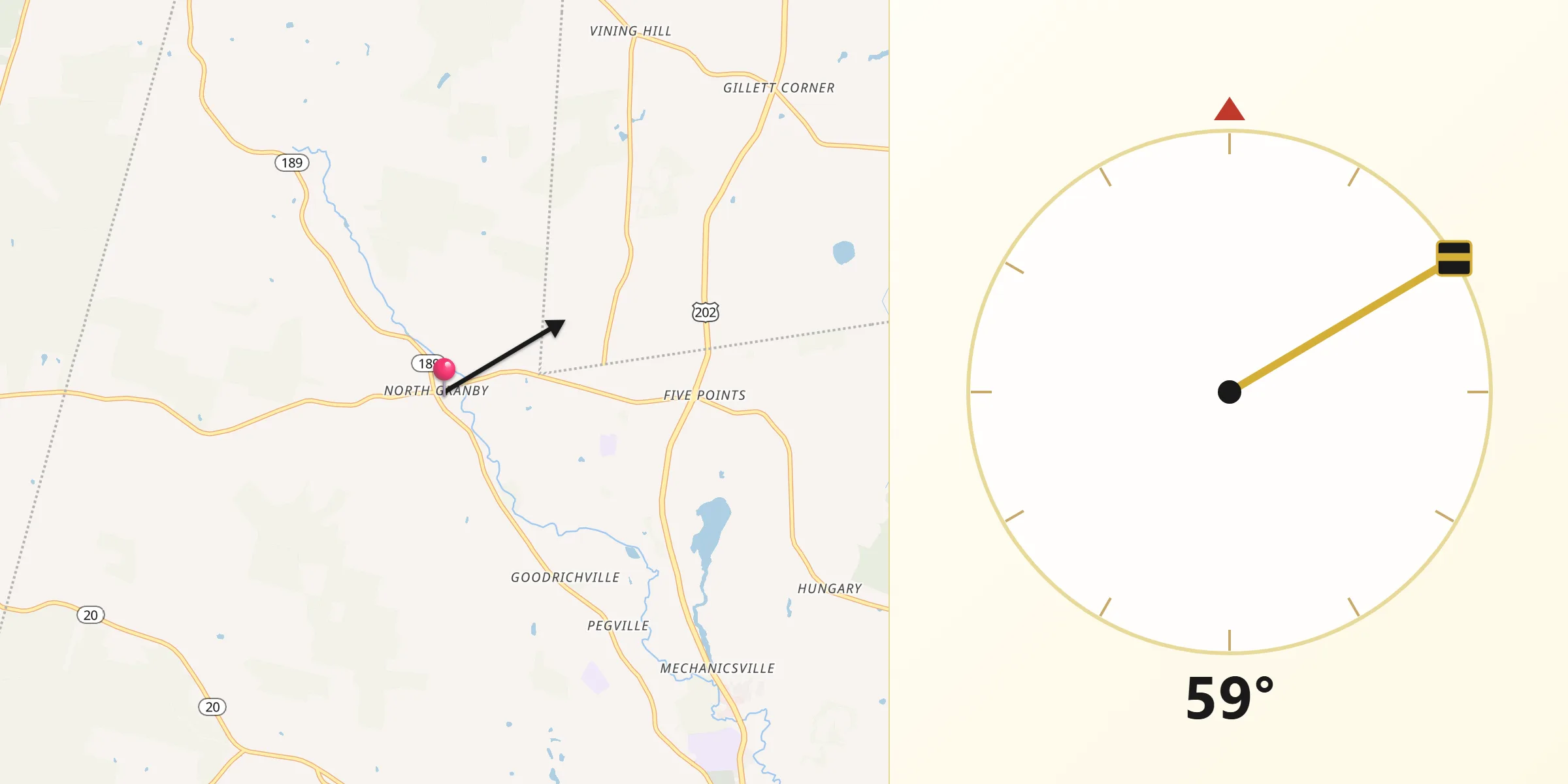 Qibla Direction from North Granby