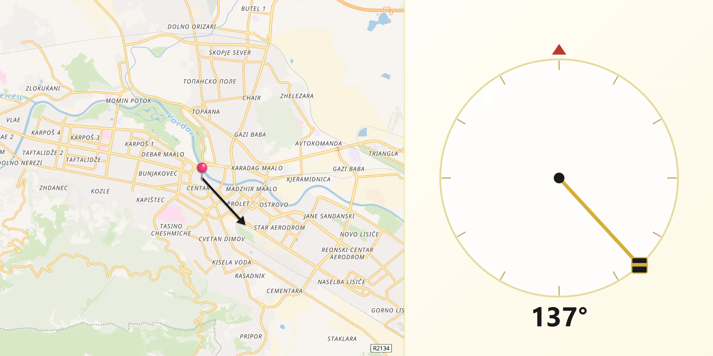 Direction vers la Qibla depuis Skopje